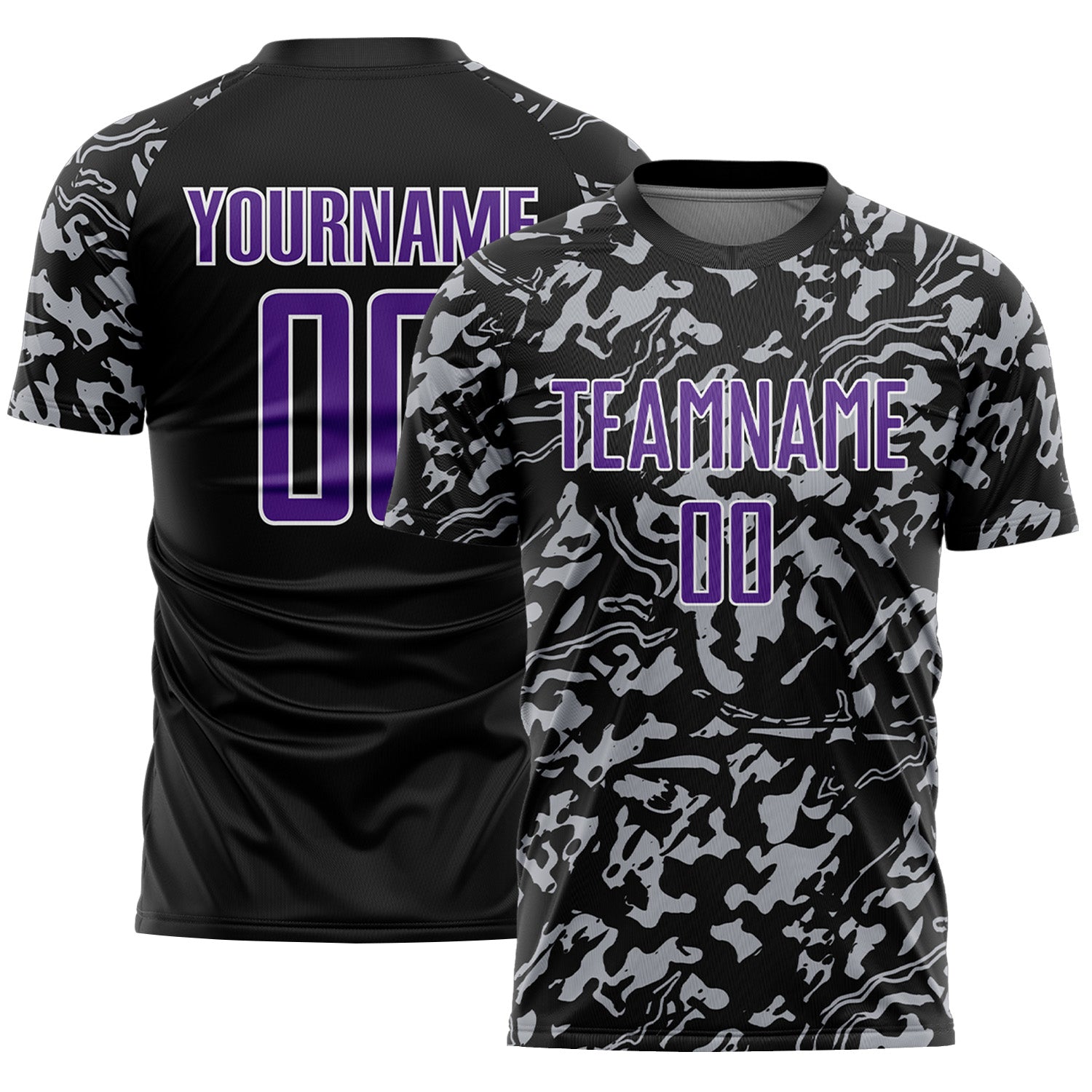 Custom Black Purple Gray-White Liquid Fluid Pattern Sports Sublimation Soccer Uniform Jersey