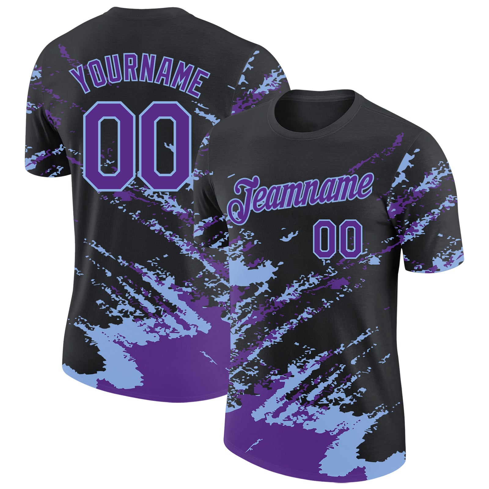 Custom Black Purple-Light Blue Brush Stroke Shatter Splatter Performance T-Shirt
