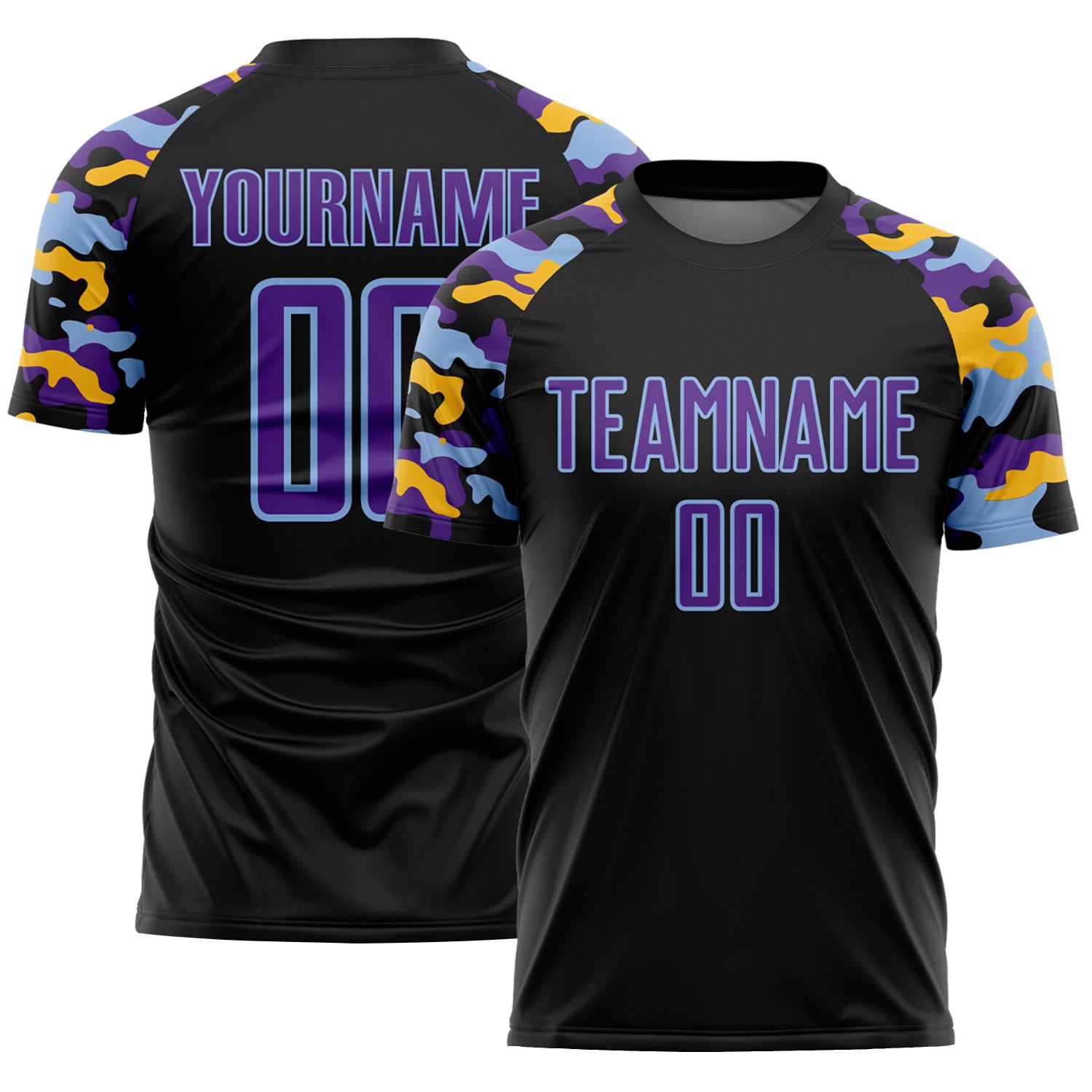 Custom Black Purple Light Blue-Gold Digital Camo Raglan Sleeves Sublimation Soccer Uniform Jersey