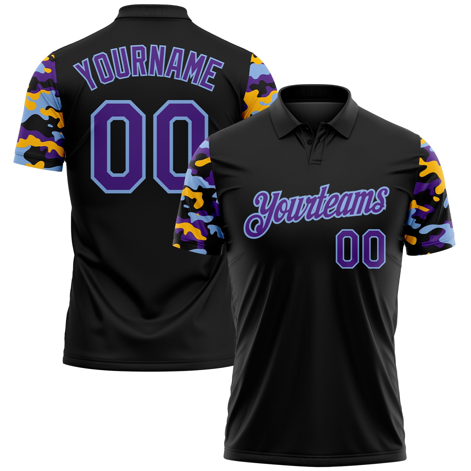 Custom Black Purple Light Blue-Gold Digital Camo Two Tone Performance Polo Shirt