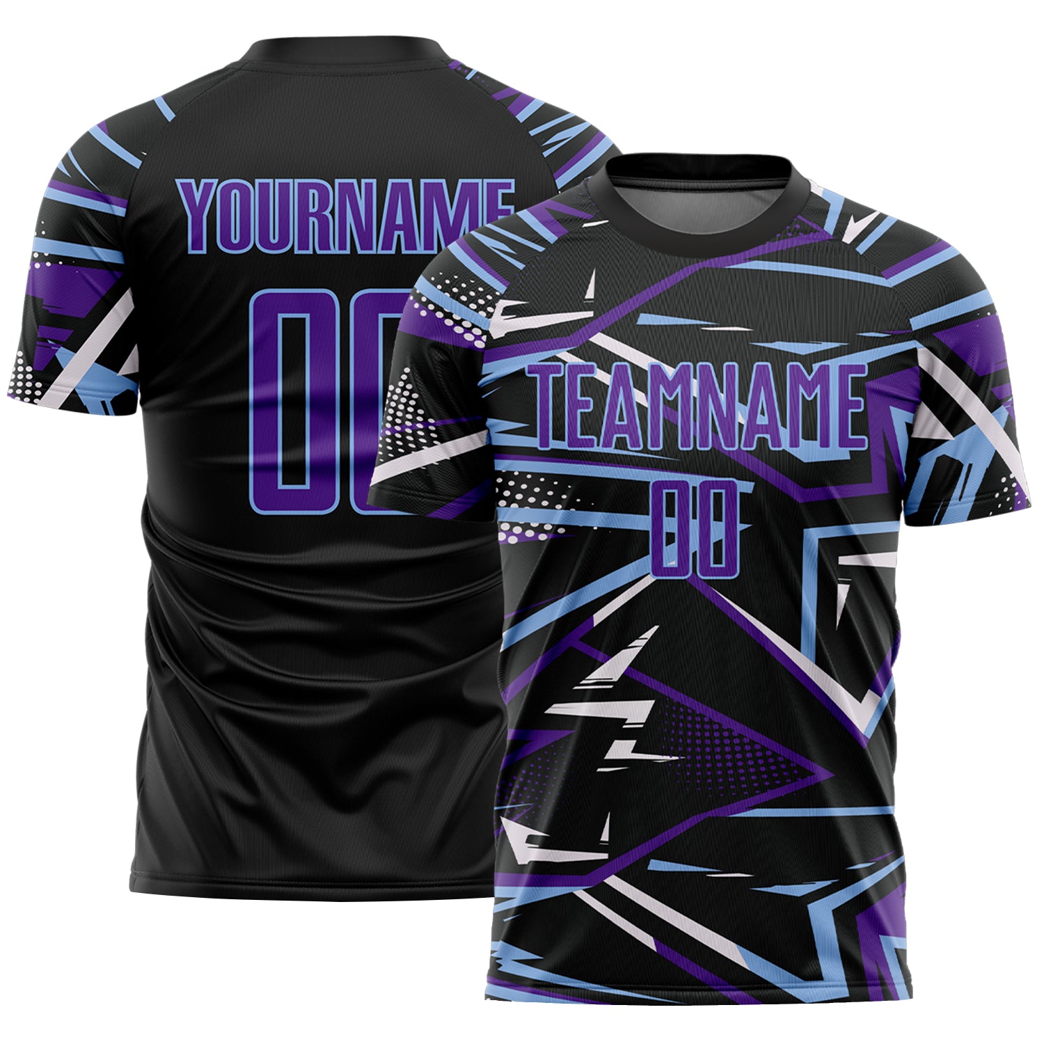 Custom Black Purple Light Blue-White Abstract Geometric Stripes Sports Sublimation Soccer Uniform Jersey