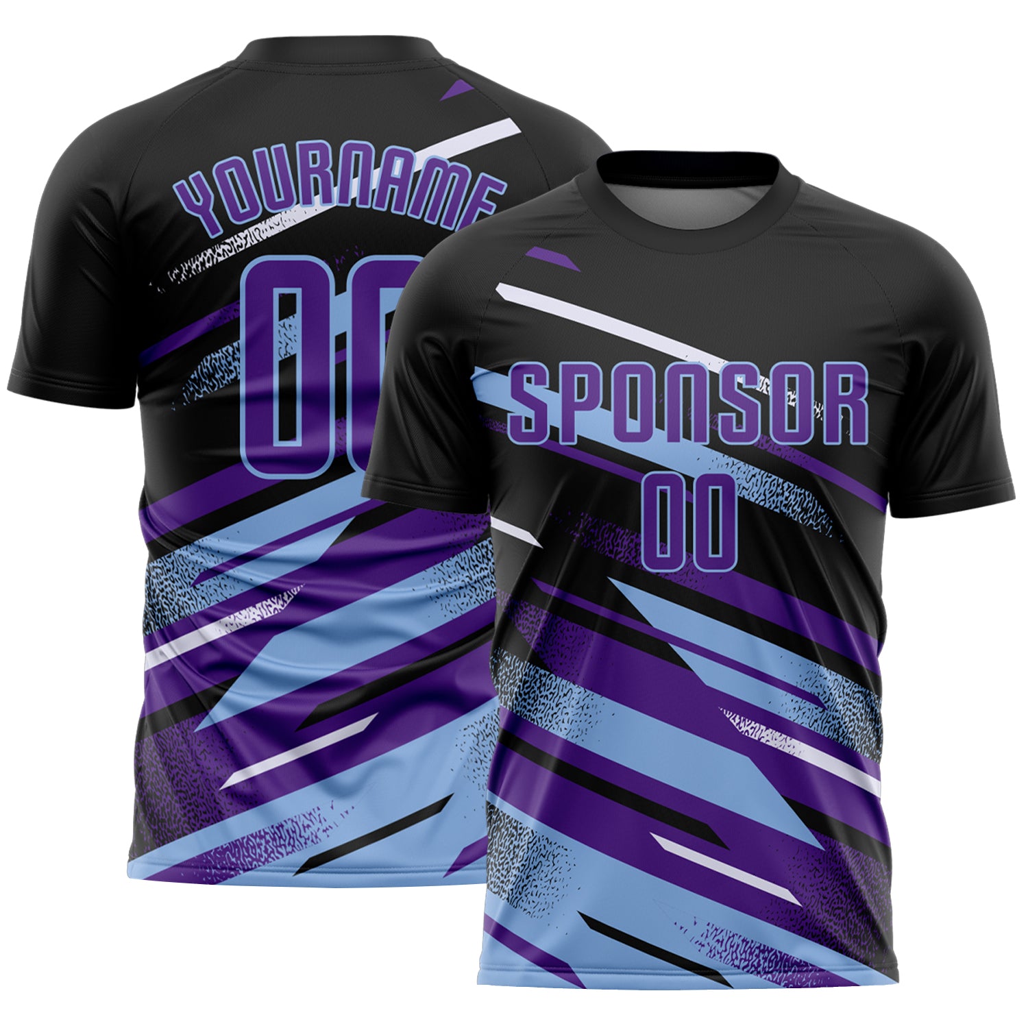 Custom Black Purple Light Blue-White Grunge Stripe And Grainy Sports Sublimation Soccer Uniform Jersey