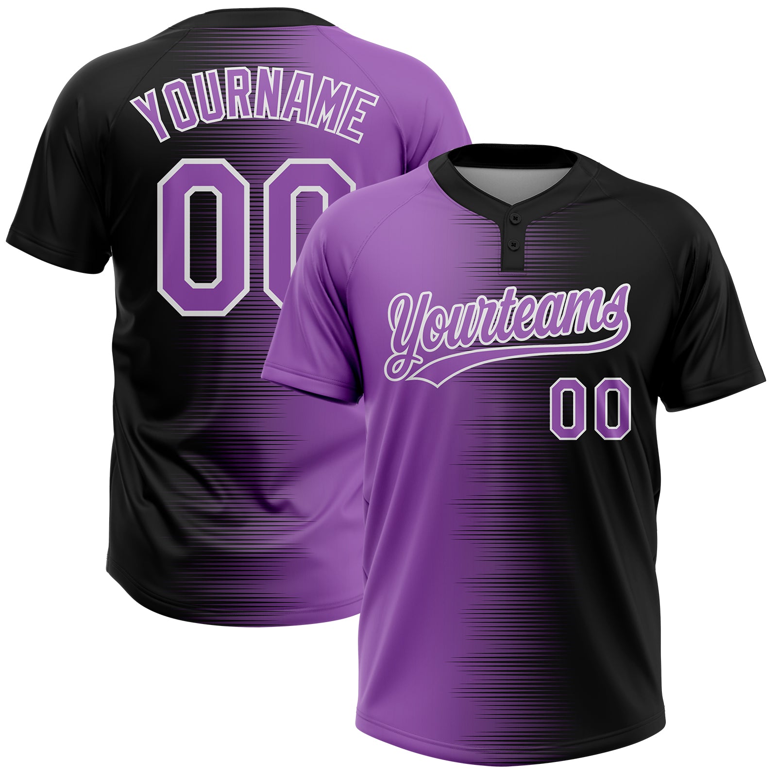 Custom Black Purple Medium Purple-White Gradient Horizontal Stripe Two-Button Unisex Softball Jersey