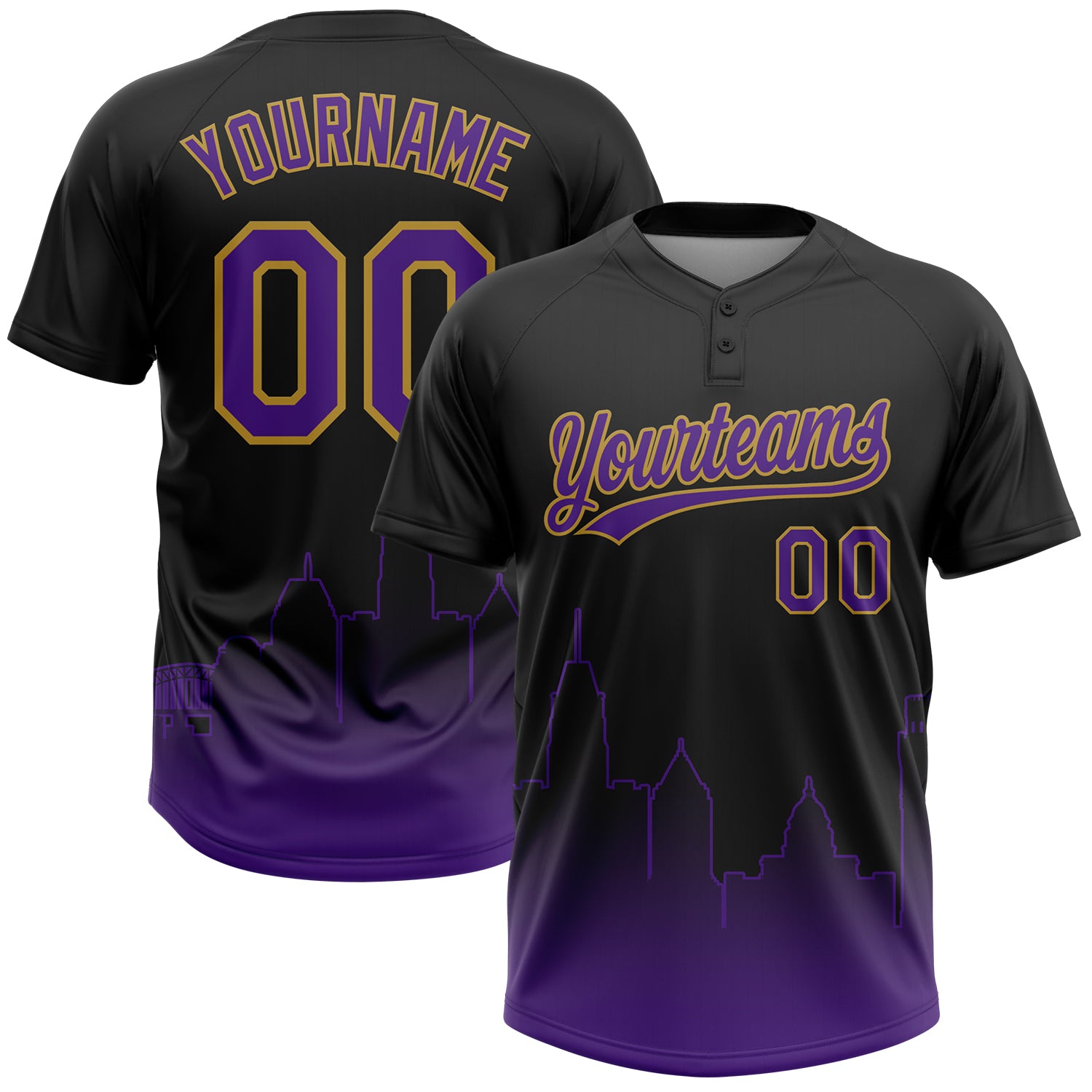 Custom Black Purple-Old Gold Baltimore City Edition Gradient Two-Button Unisex Softball Jersey