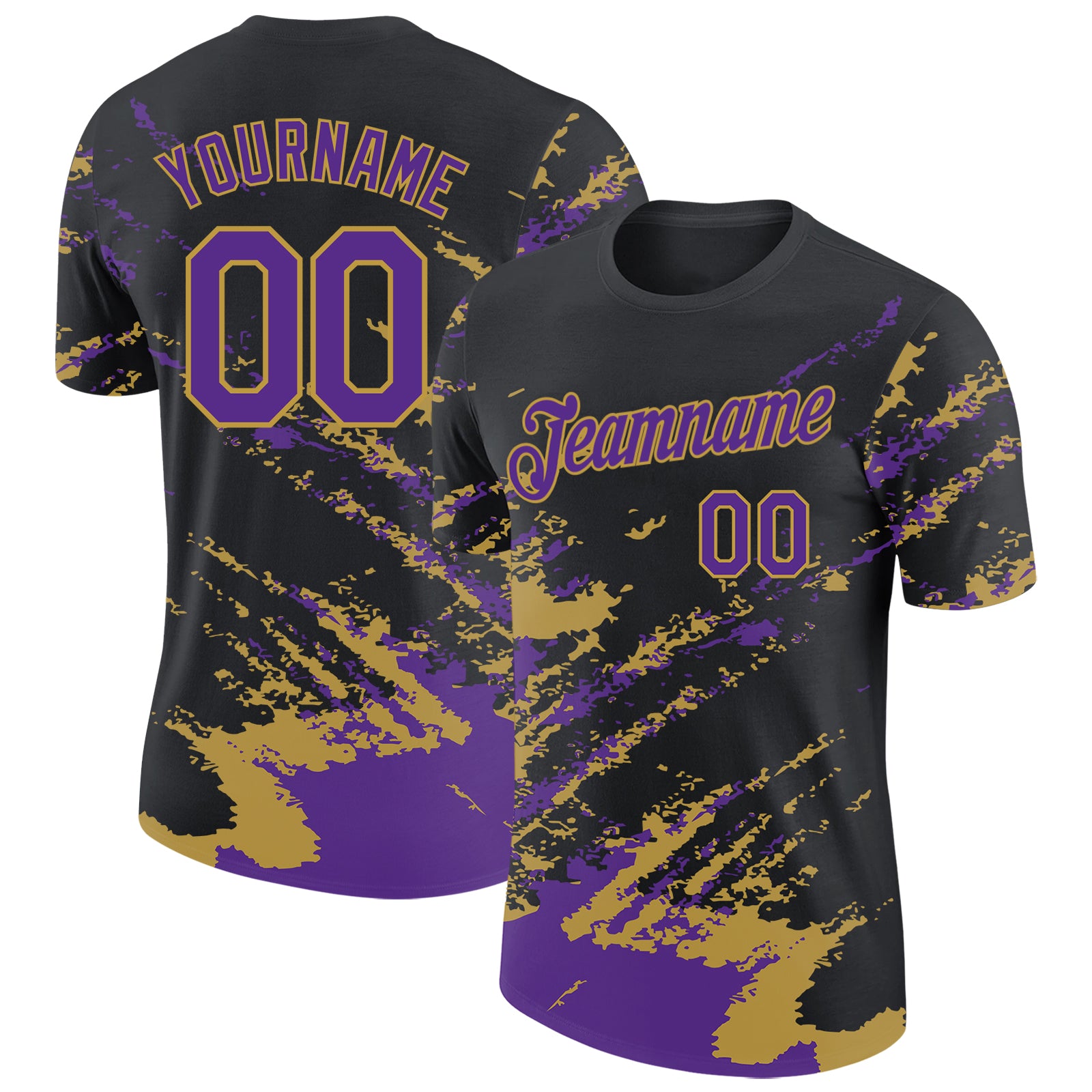 Custom Black Purple-Old Gold Brush Stroke Shatter Splatter Performance T-Shirt