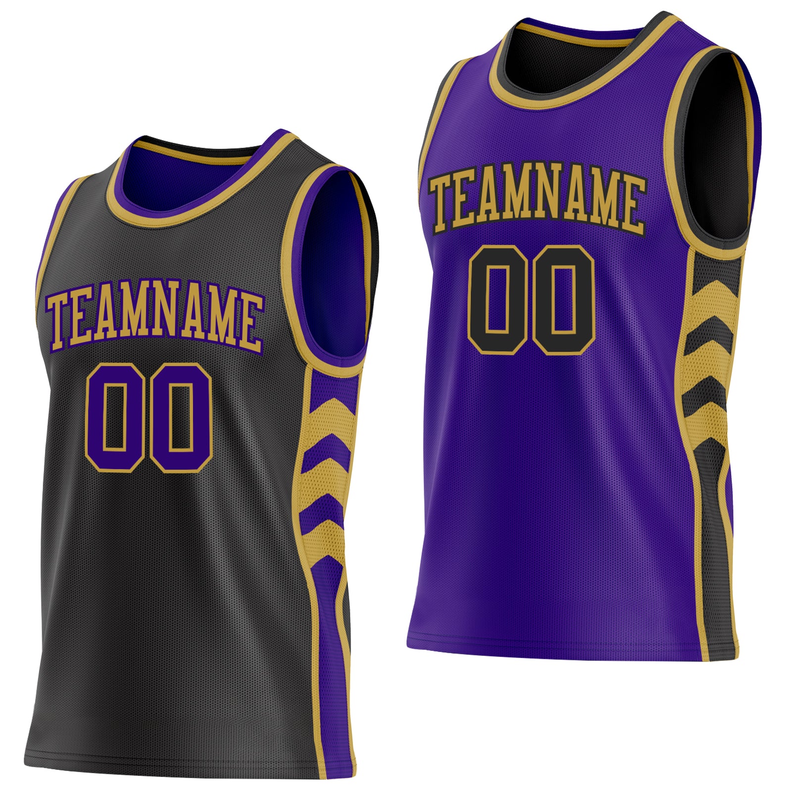 Custom Black Purple-Old Gold Side Panel Geometric Chevron Reversible Double Side Sublimation Basketball Set Jersey