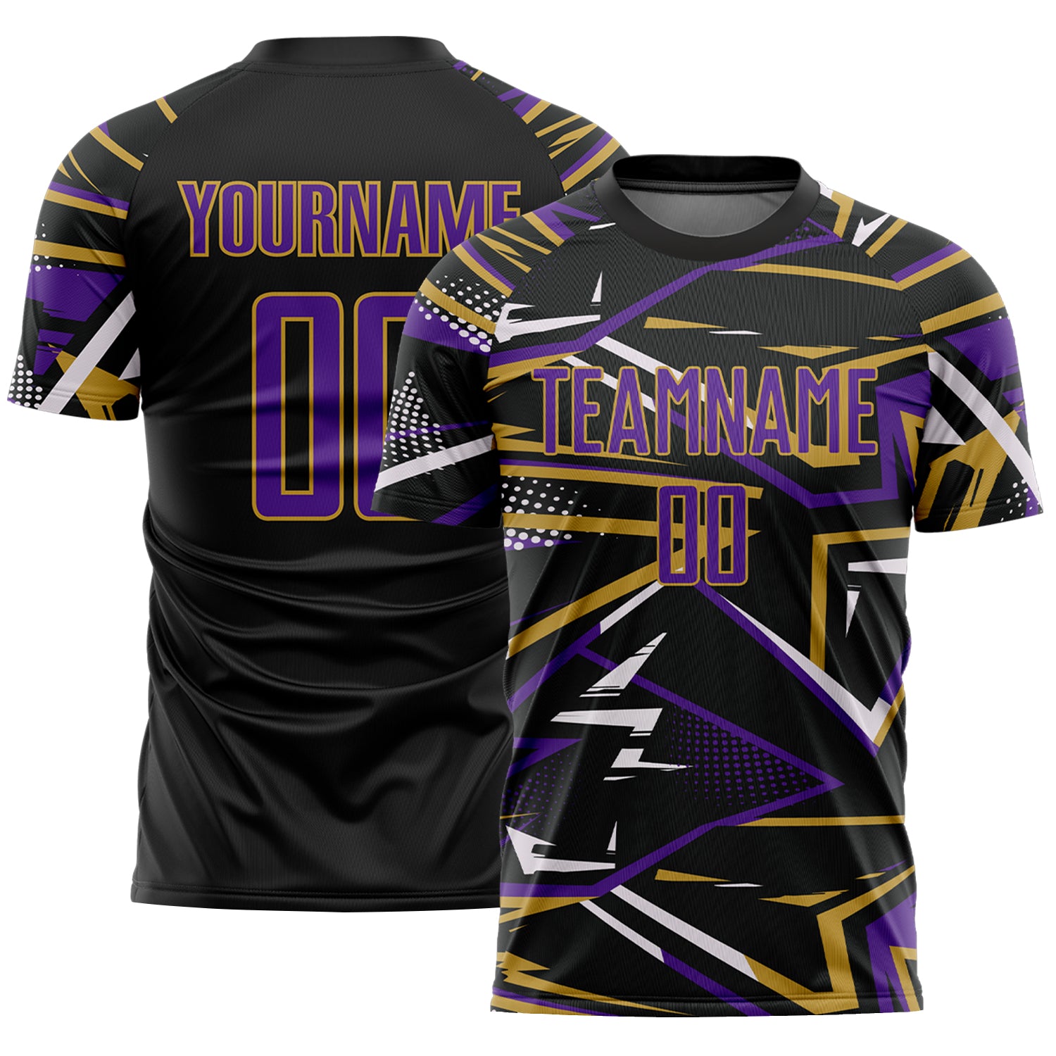 Custom Black Purple Old Gold-White Abstract Geometric Stripes Sports Sublimation Soccer Uniform Jersey