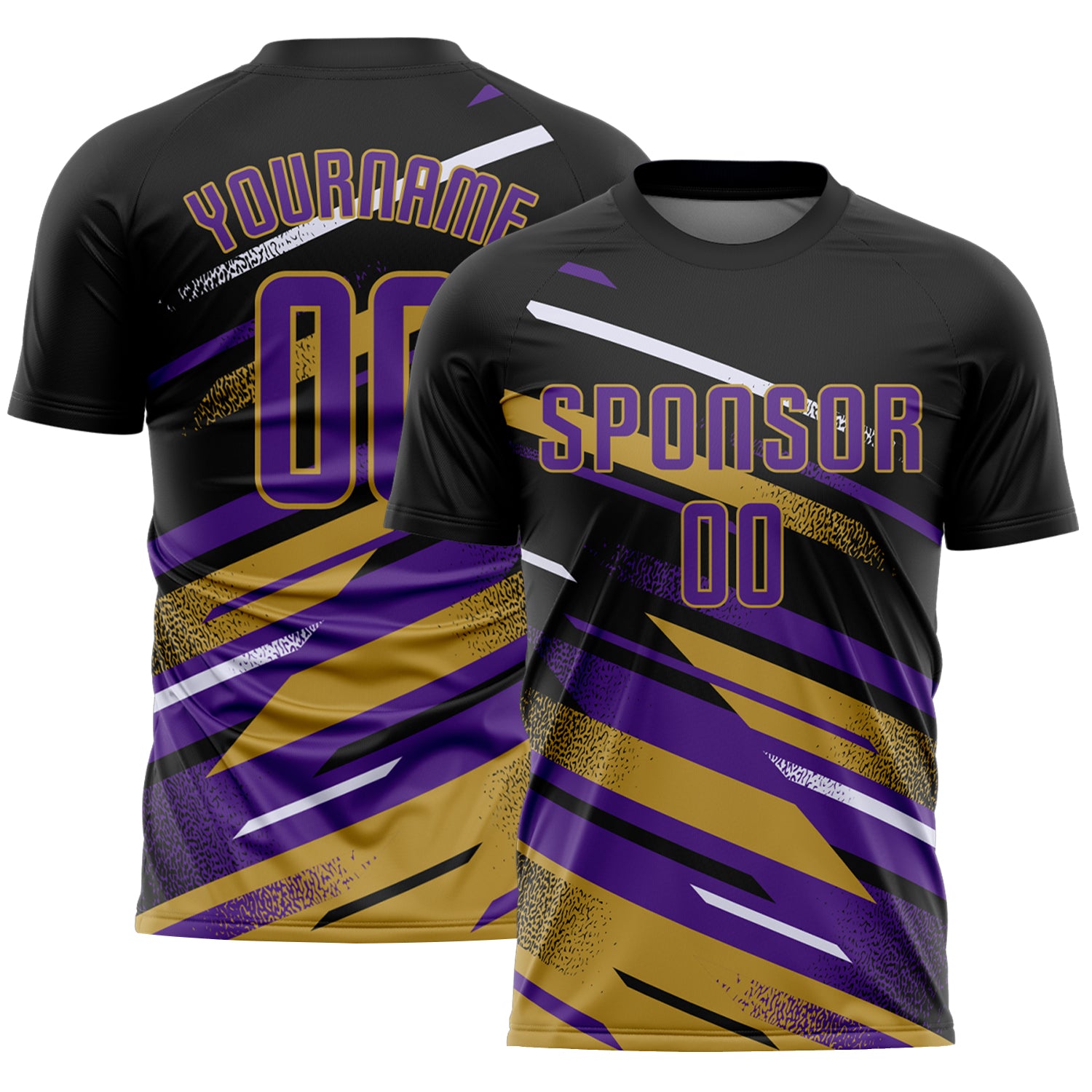 Custom Black Purple Old Gold-White Grunge Stripe And Grainy Sports Sublimation Soccer Uniform Jersey