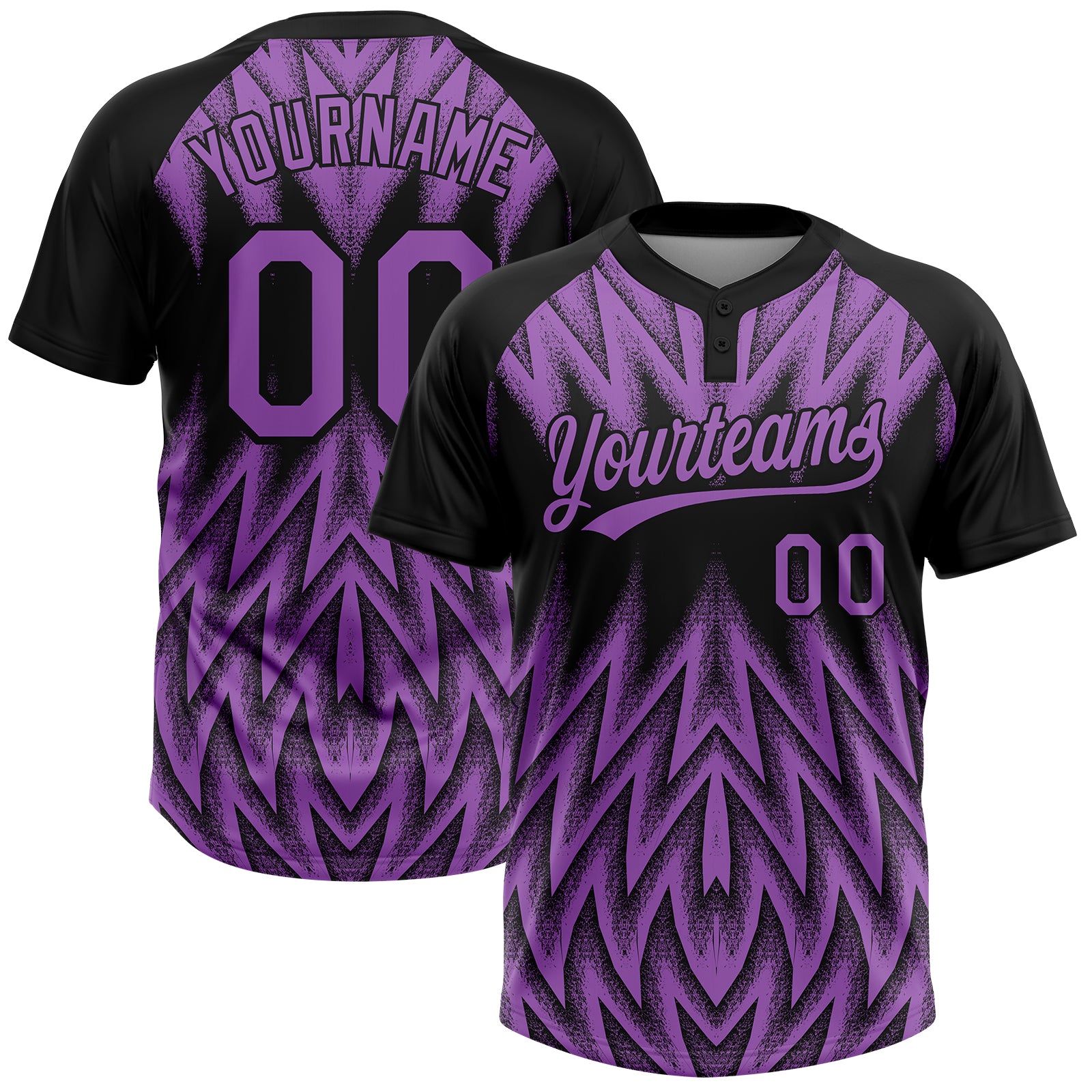 Custom Black-Purple Raglan Sleeves Abstract Geometric Chevron Zigzag Two-Button Unisex Softball Jersey