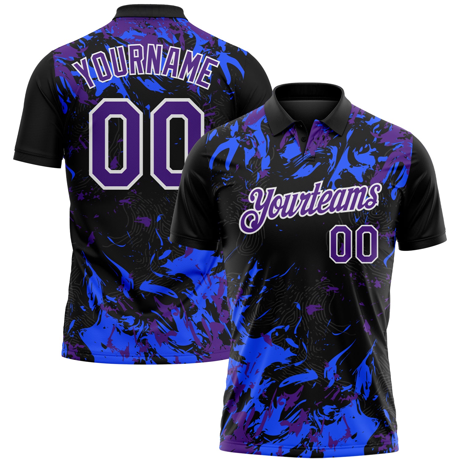 Custom Black Purple Royal-White Dynamic Splatter Brush Stroke Performance Polo Shirt