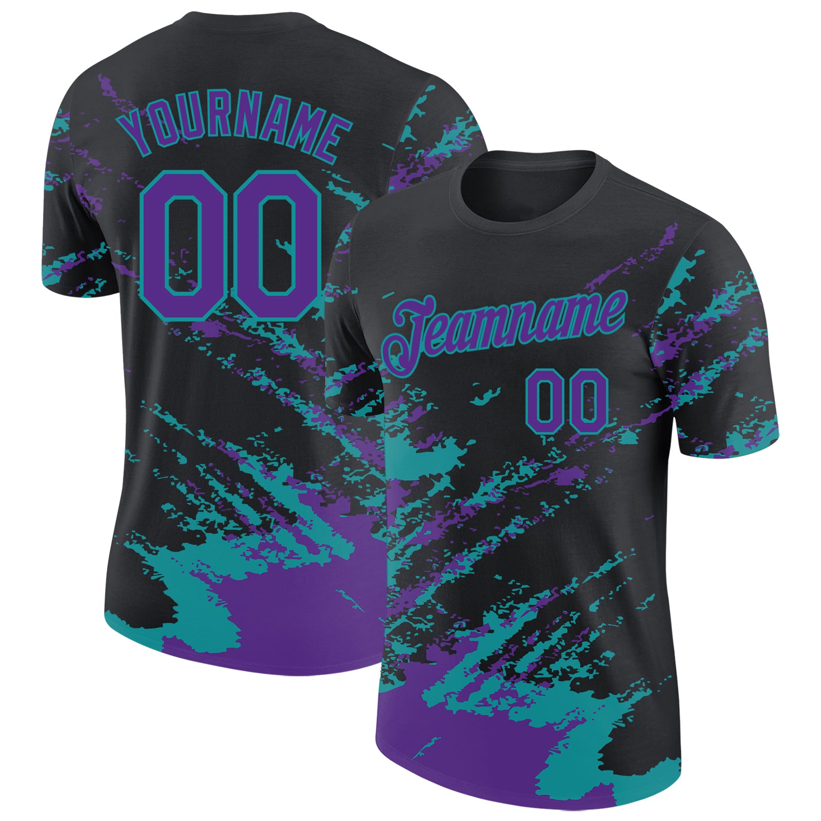Custom Black Purple-Teal Brush Stroke Shatter Splatter Performance T-Shirt