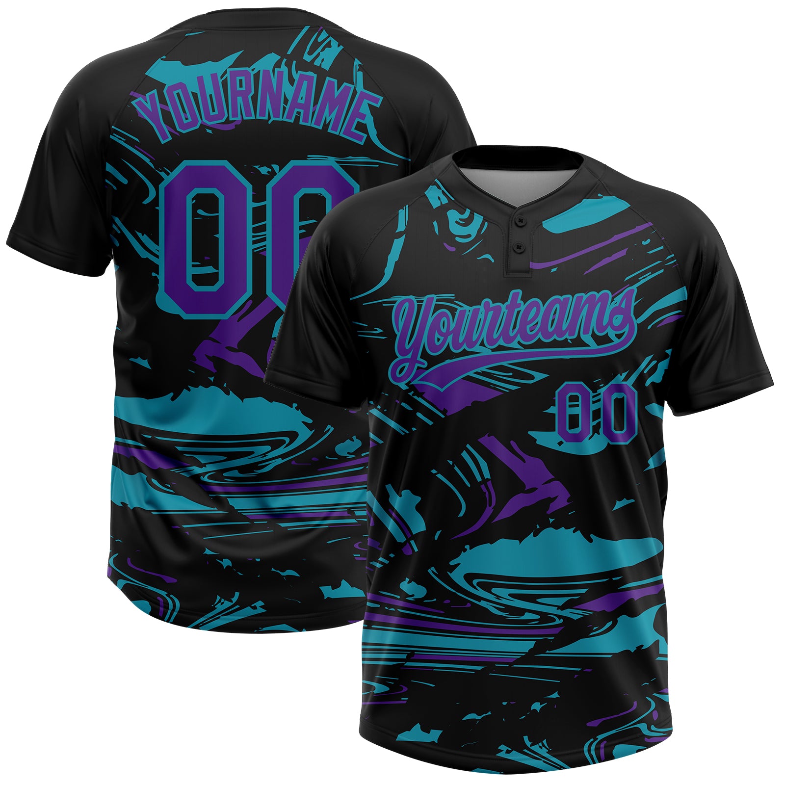 Custom Black Purple-Teal Raglan Sleeves Abstract Fluid Marble Two-Button Unisex Softball Jersey