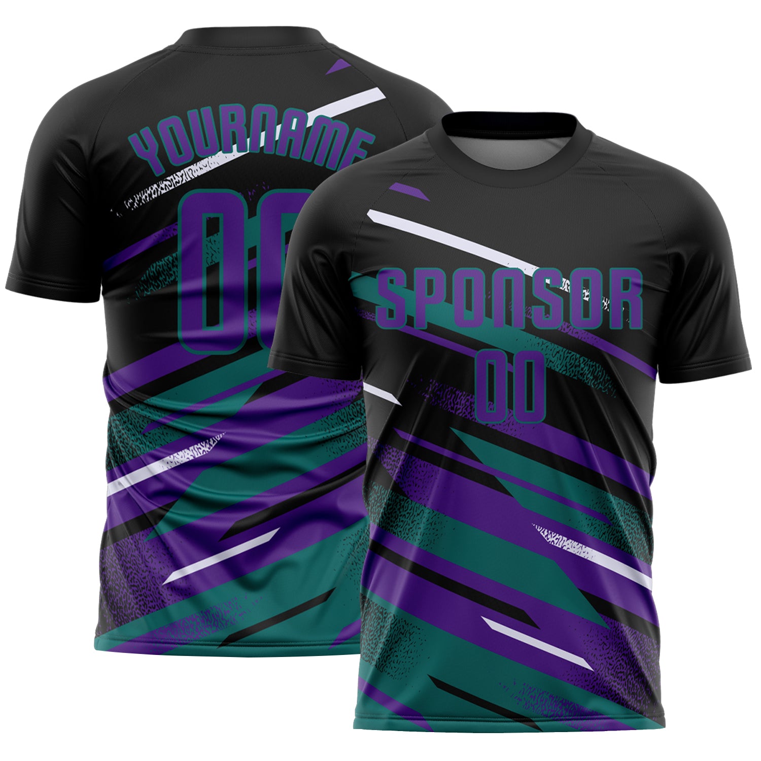 Custom Black Purple Teal-White Grunge Stripe And Grainy Sports Sublimation Soccer Uniform Jersey