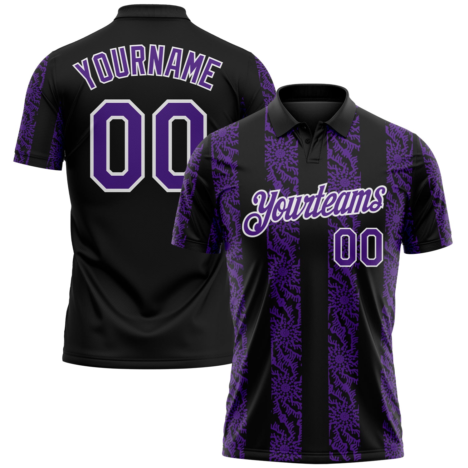 Custom Black Purple-White 3D Pattern Abstract Floral Stripe Tribal Performance Polo Shirt