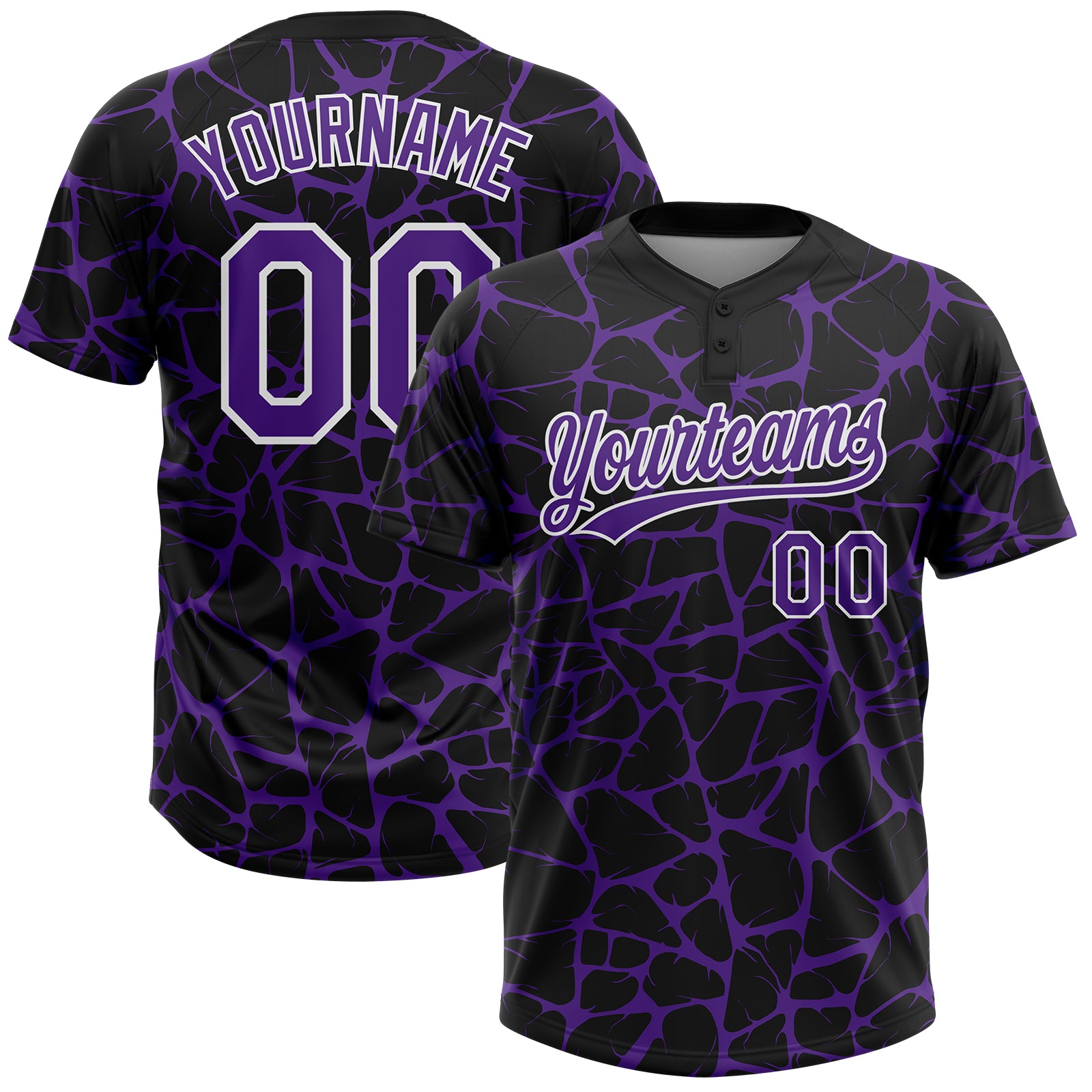 Custom Black Purple-White 3D Pattern Design Abstract Network Crackle Two-Button Unisex Softball Jersey
