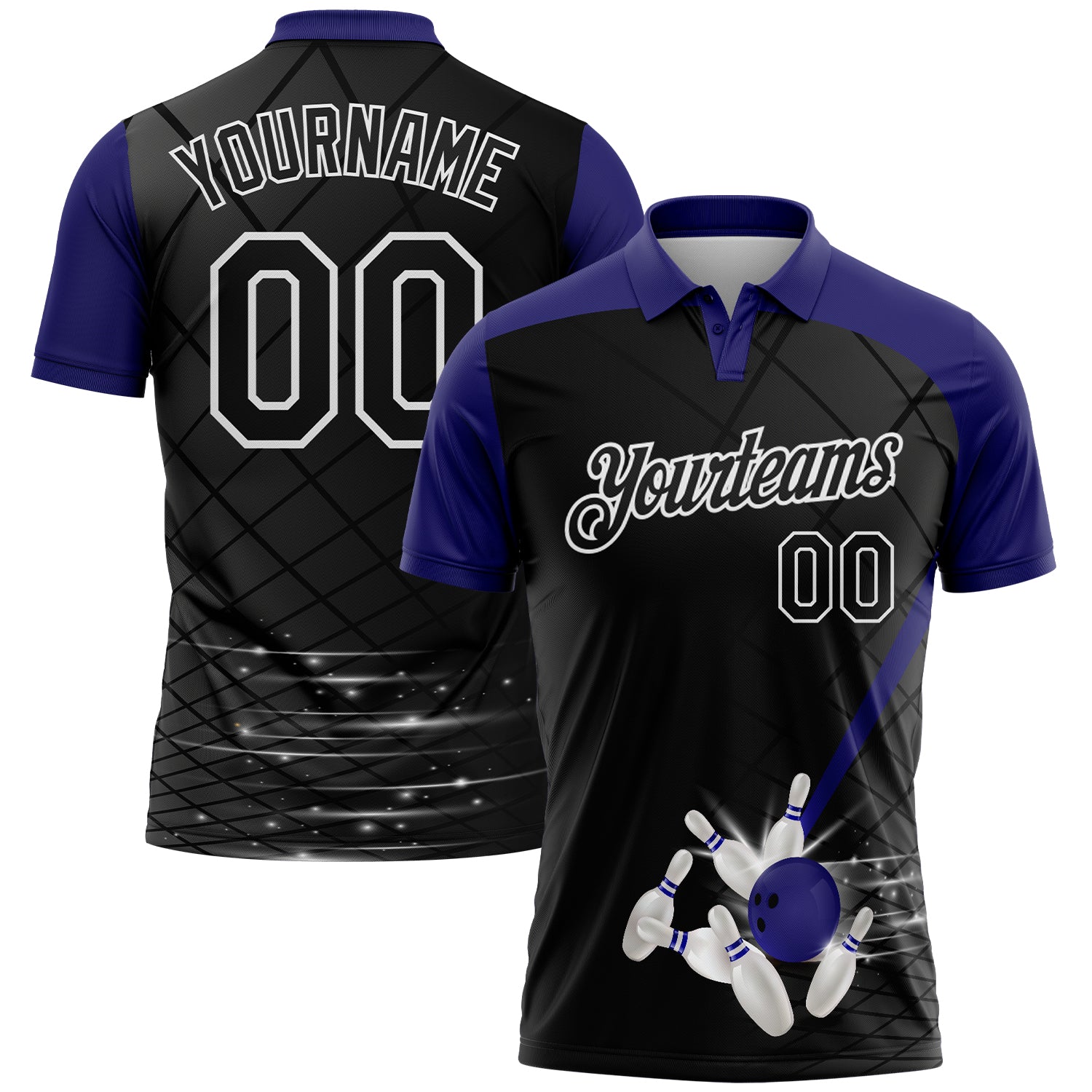 Custom Black Purple-White Bowling Geometric Grid Performance Polo Shirt