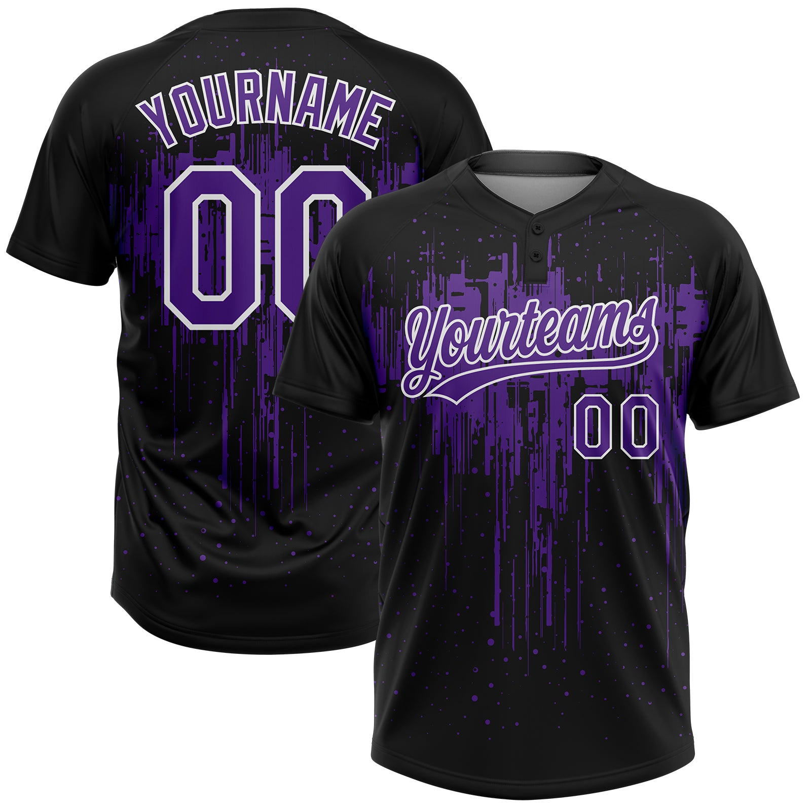 Custom Black Purple-White Dripping Splatter Paint Two-Button Unisex Softball Jersey