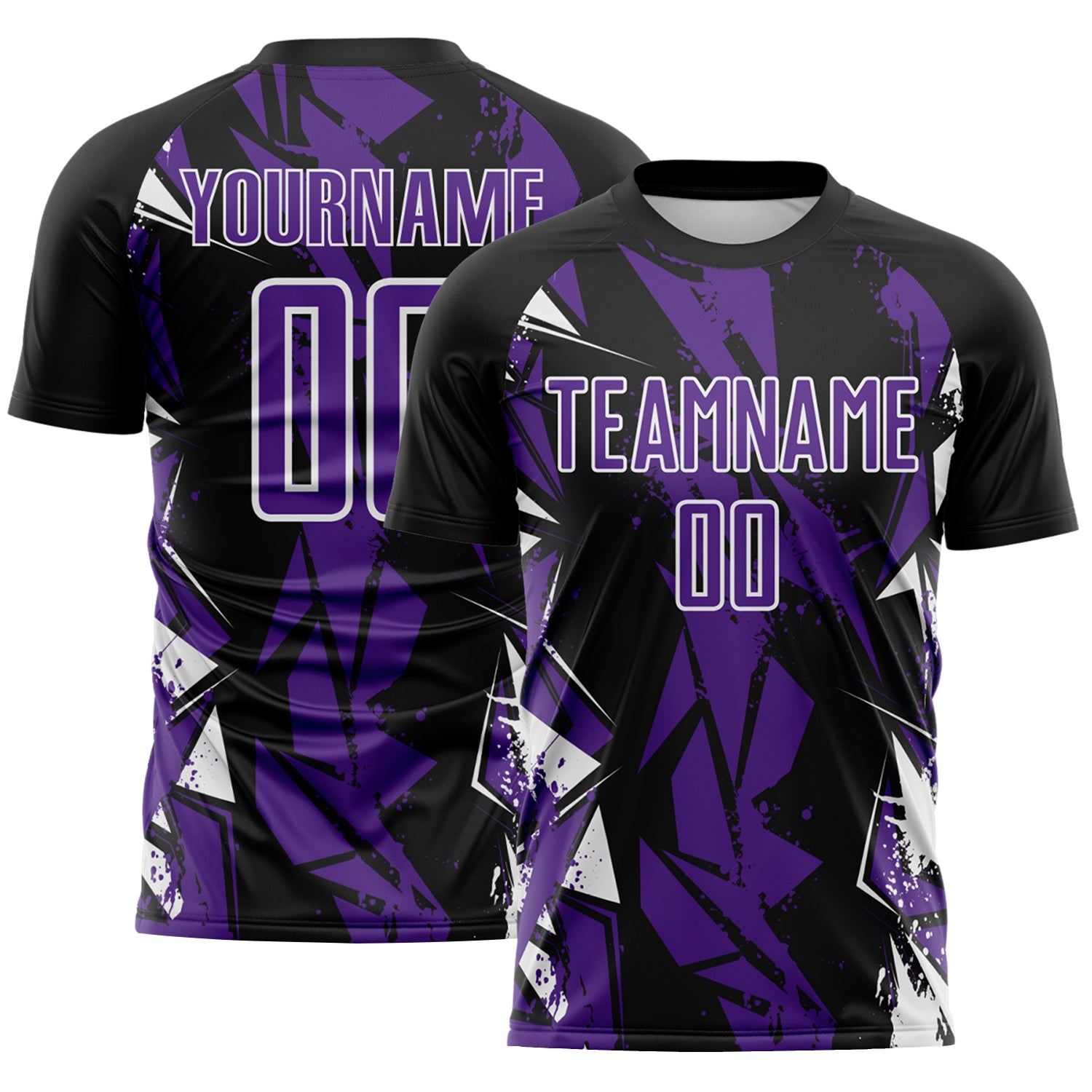 Custom Black Purple-White Geometric Shard Grunge Splash Sublimation Soccer Uniform Jersey