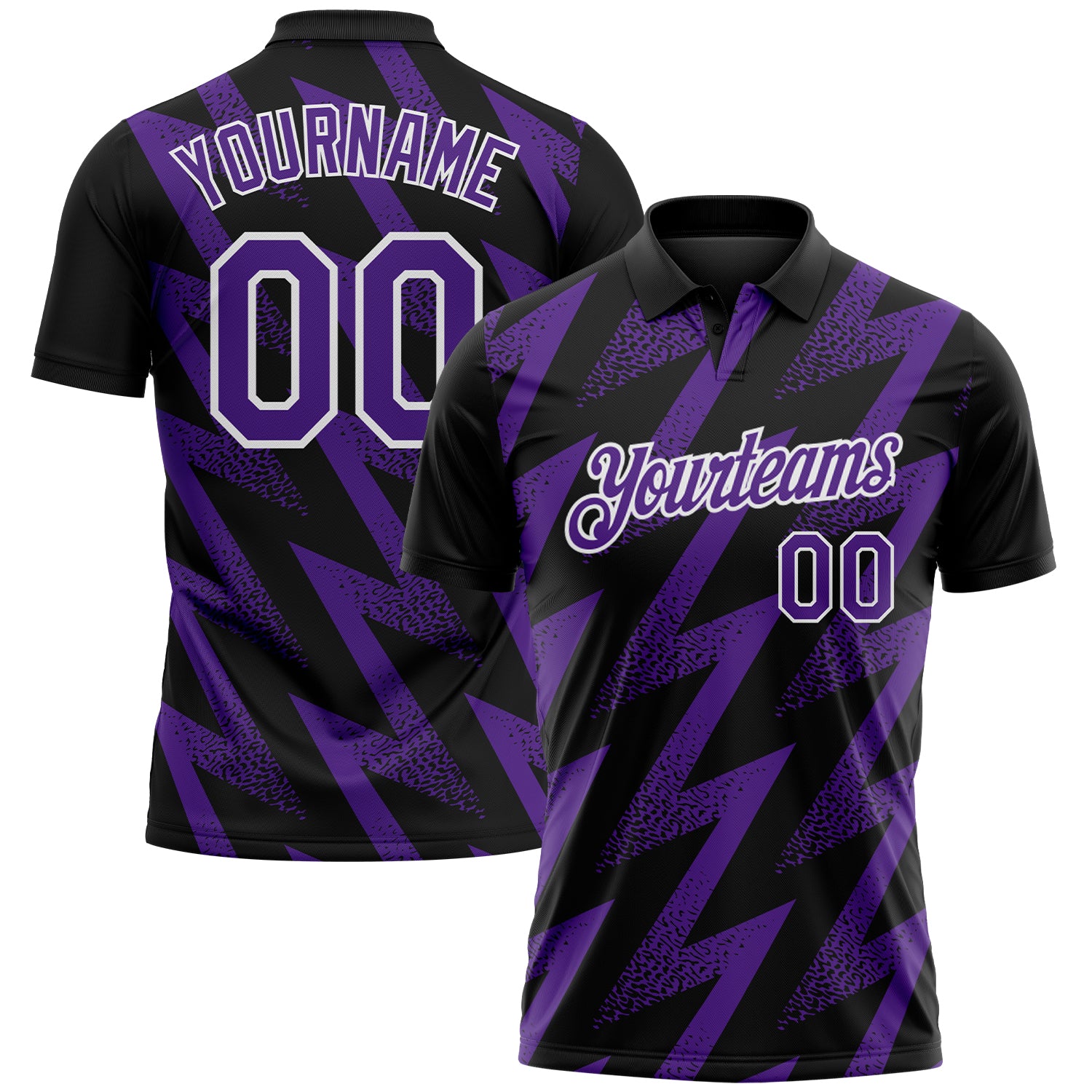 Custom Black Purple-White Geometric Zigzag Shape Lightning Performance Polo Shirt