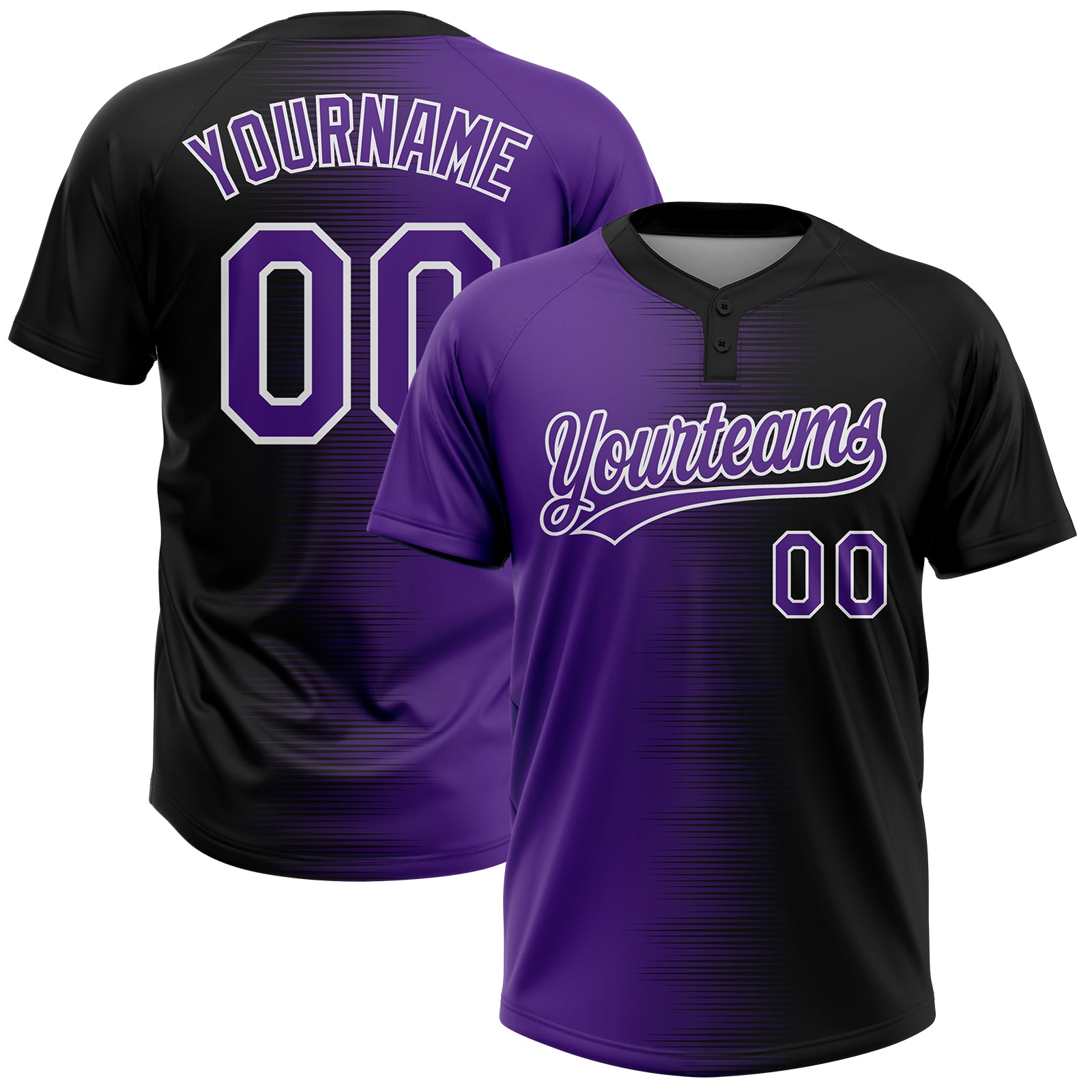 Custom Black Purple-White Gradient Horizontal Stripe Two-Button Unisex Softball Jersey
