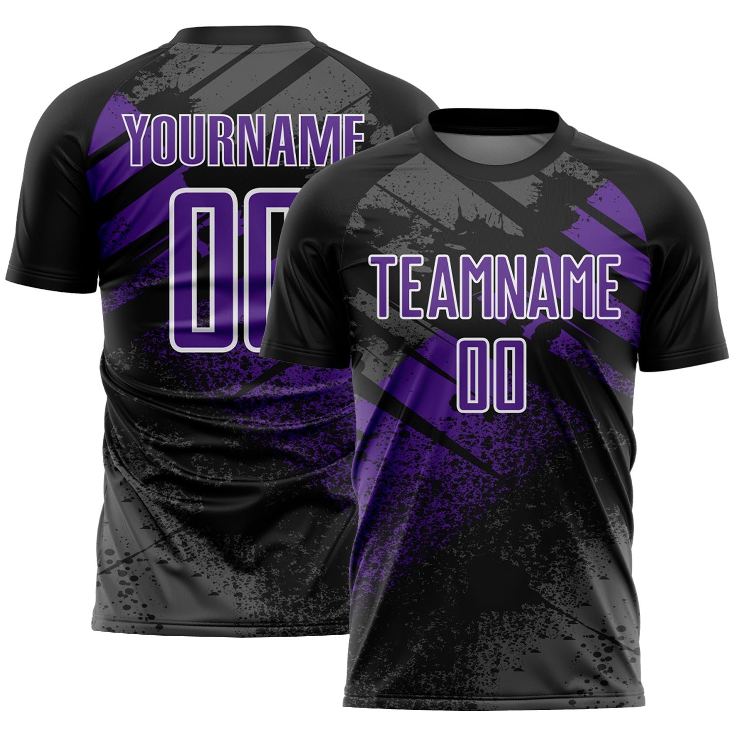 Custom Black Purple-White Grunge Splatter Brush Stroke Sublimation Soccer Uniform Jersey
