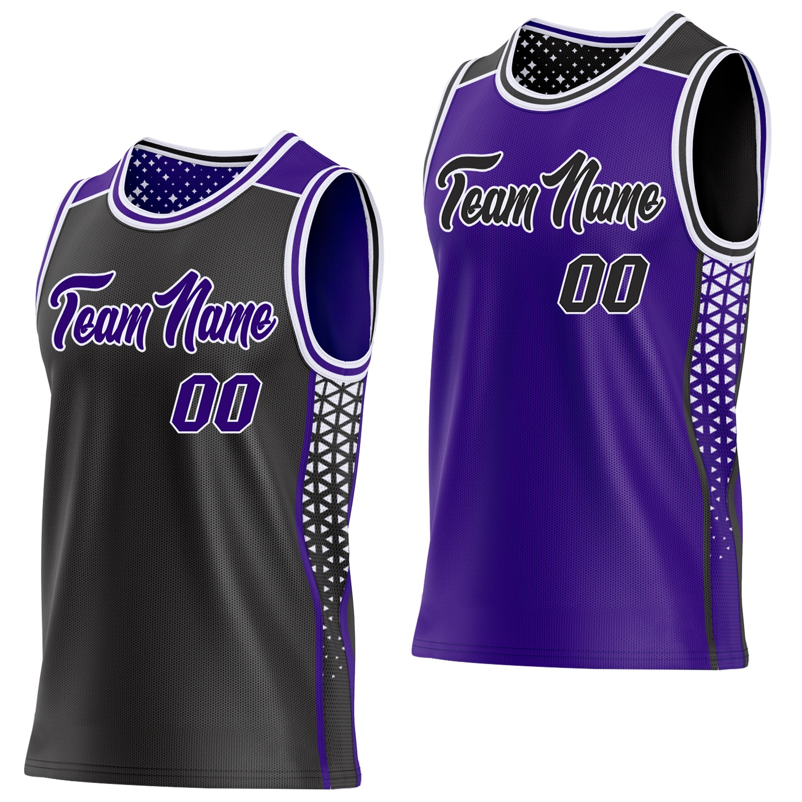 Custom Black Purple-White Side Panel Stripe Geometric Triangle Gradient Dot Reversible Double Side Sublimation Basketball Set Jersey