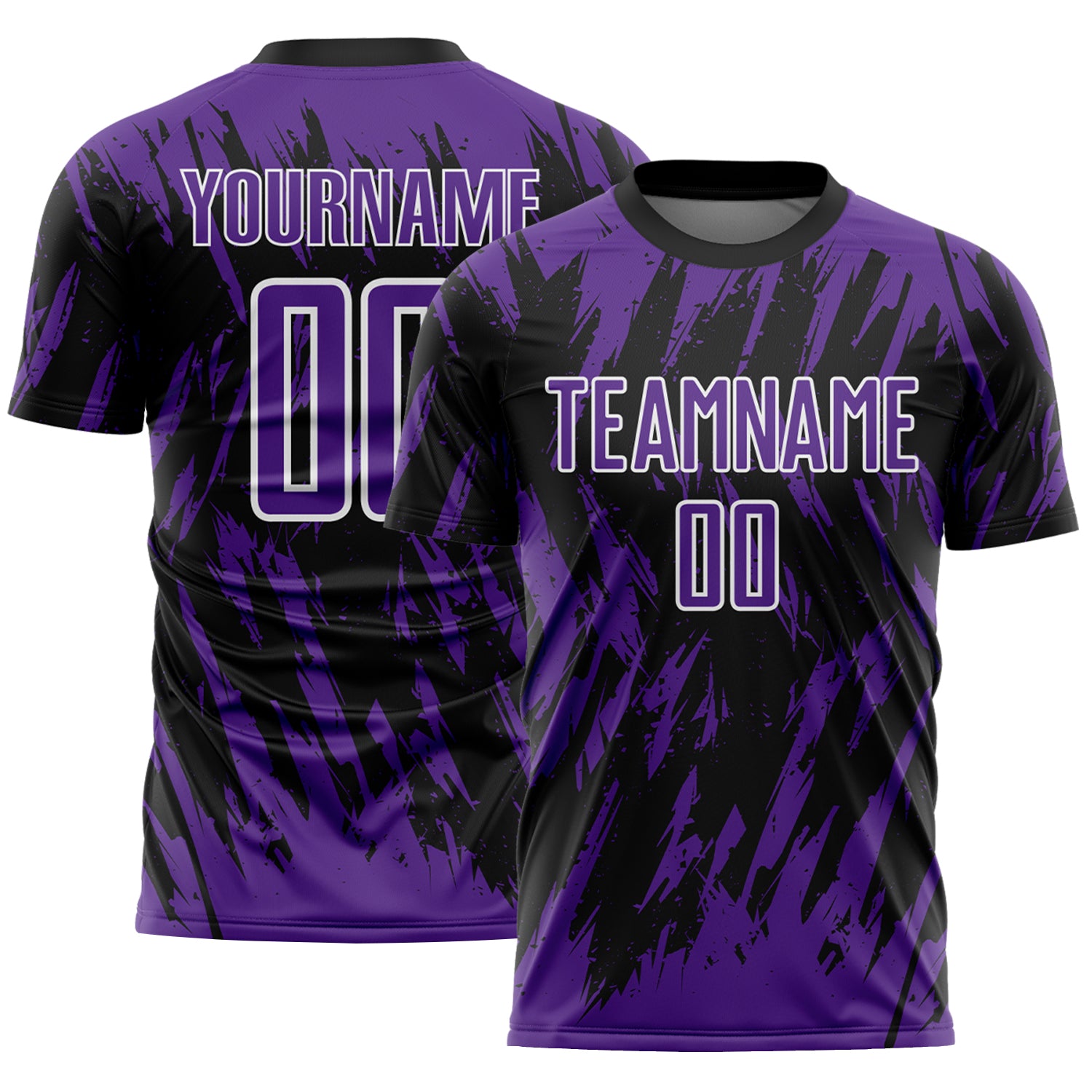 Custom Black Purple-White Splatter Torn Sharp Brush Stroke Sublimation Soccer Uniform Jersey