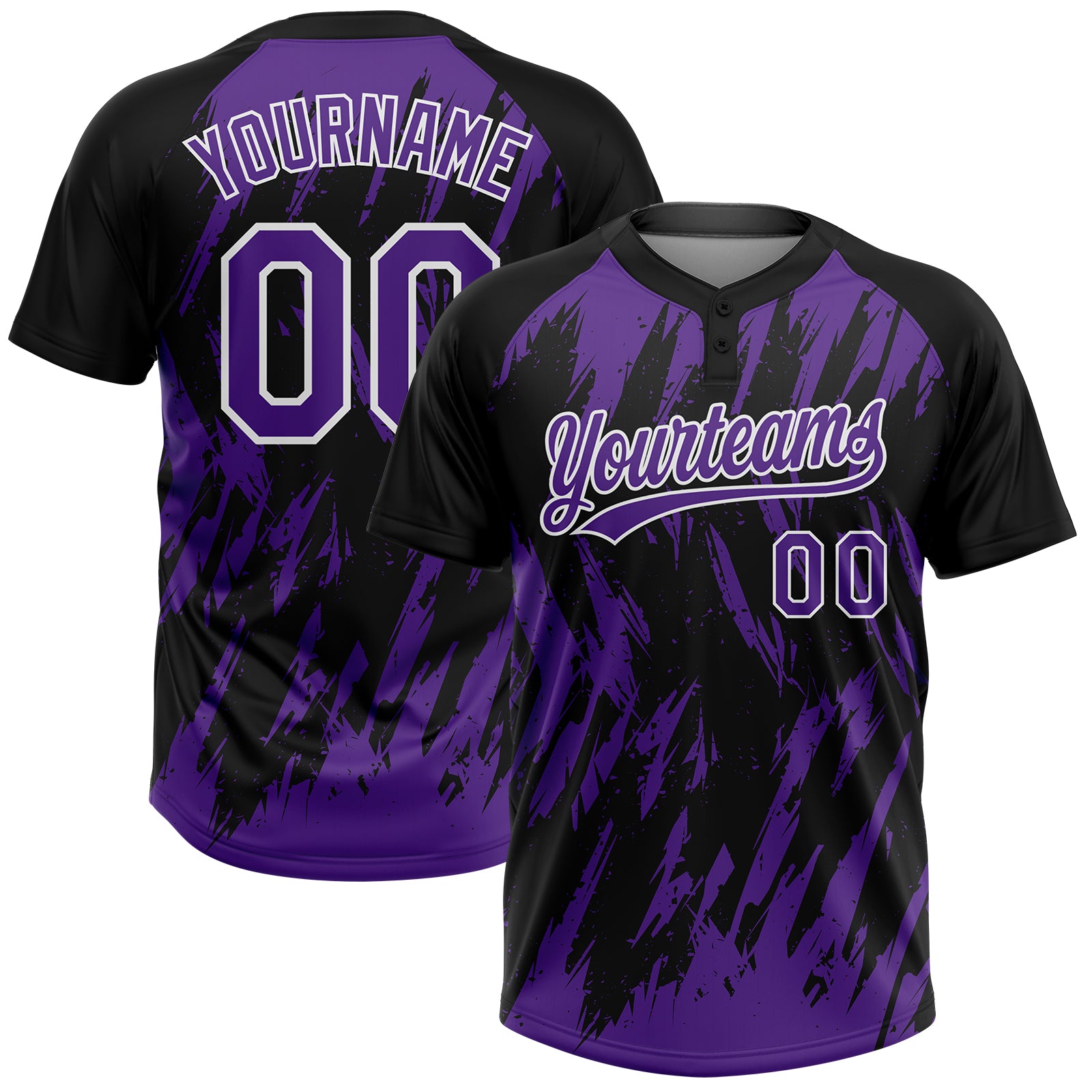 Custom Black Purple-White Splatter Torn Sharp Brush Stroke Two-Button Unisex Softball Jersey