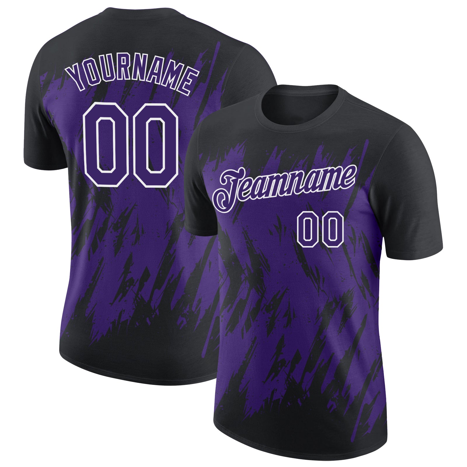 Custom Black Purple-White Torn Sharp Brush Stroke Splatter Performance T-Shirt