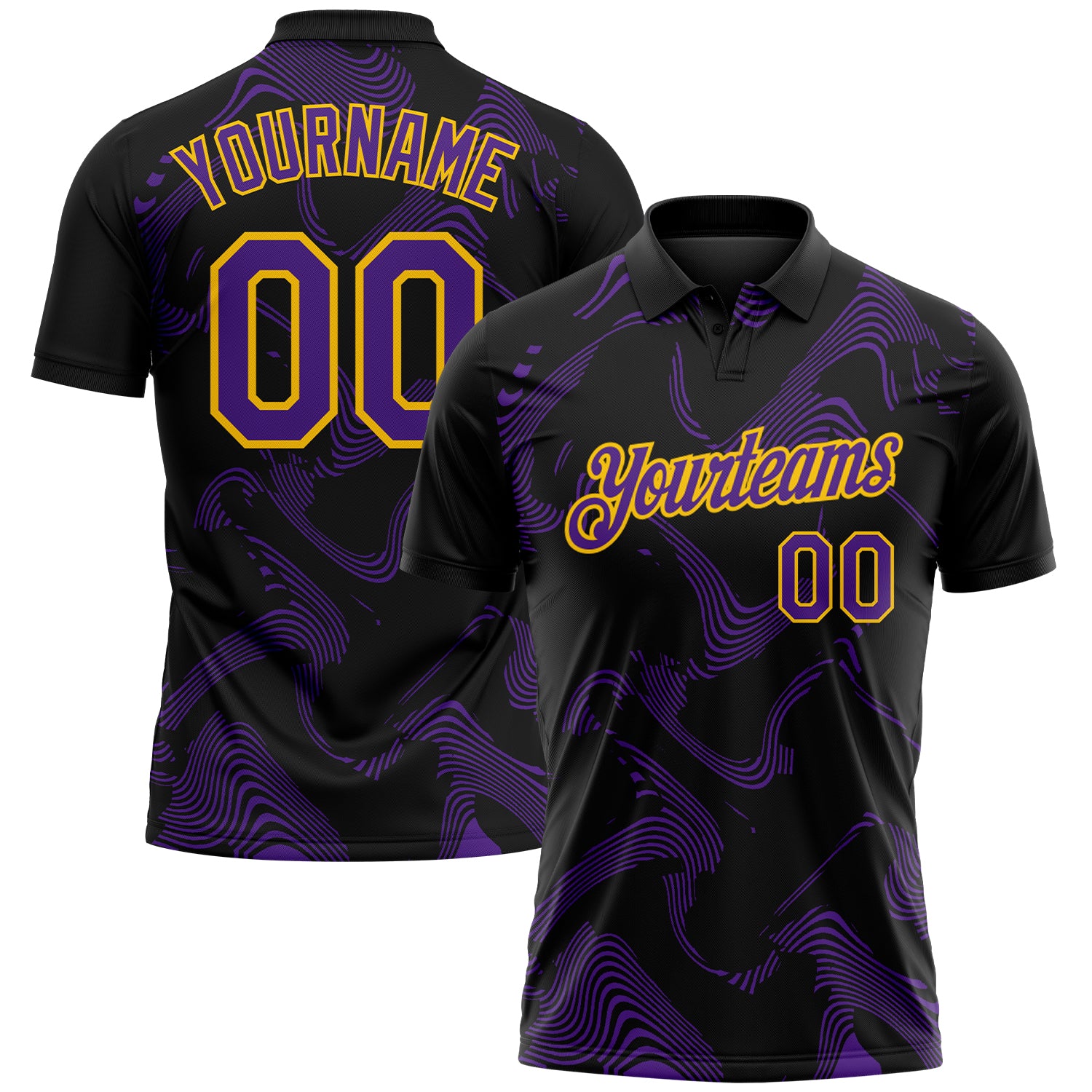 Custom Black Purple-Yellow 3D Pattern Abstract Fluid Swirl Line Performance Polo Shirt