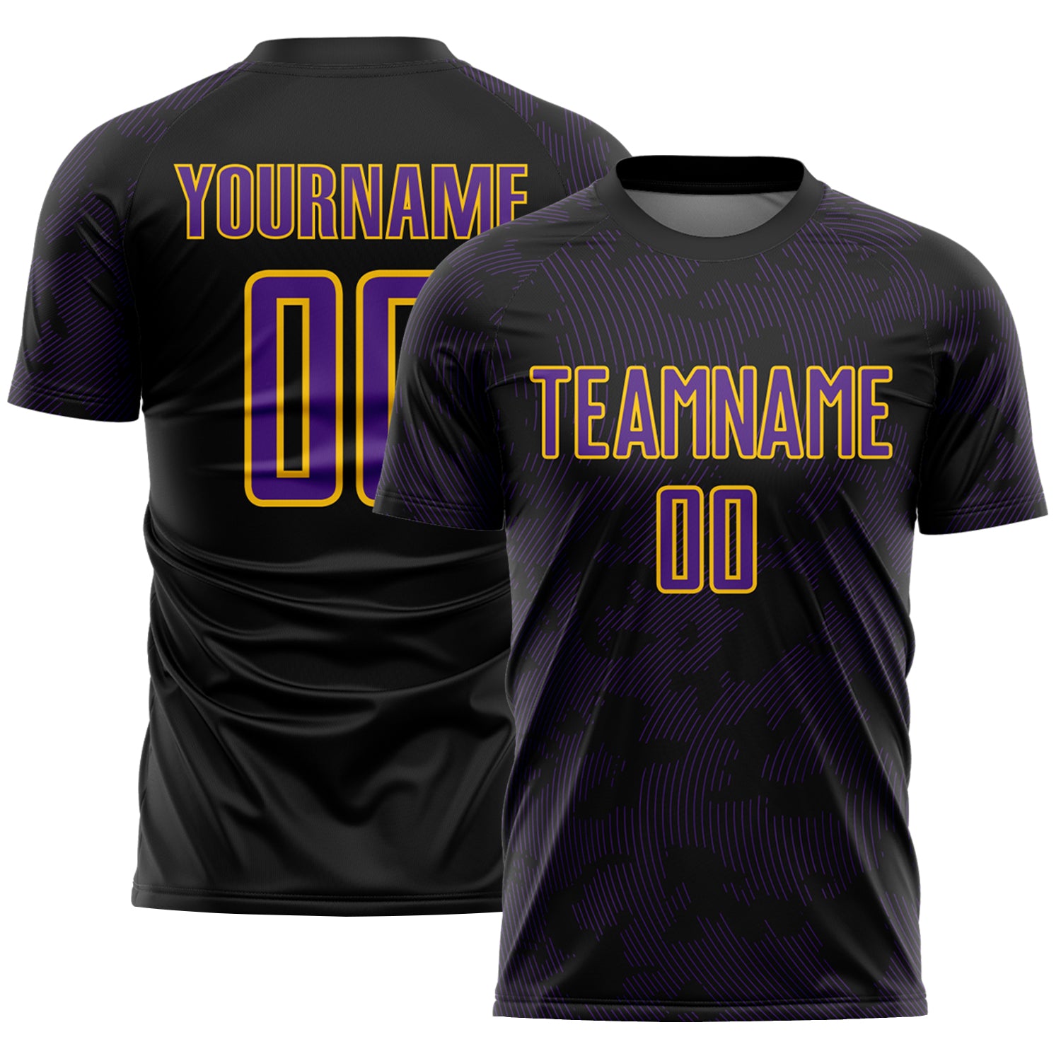 Custom Black Purple-Yellow Curve Lines Sublimation Soccer Uniform Jersey