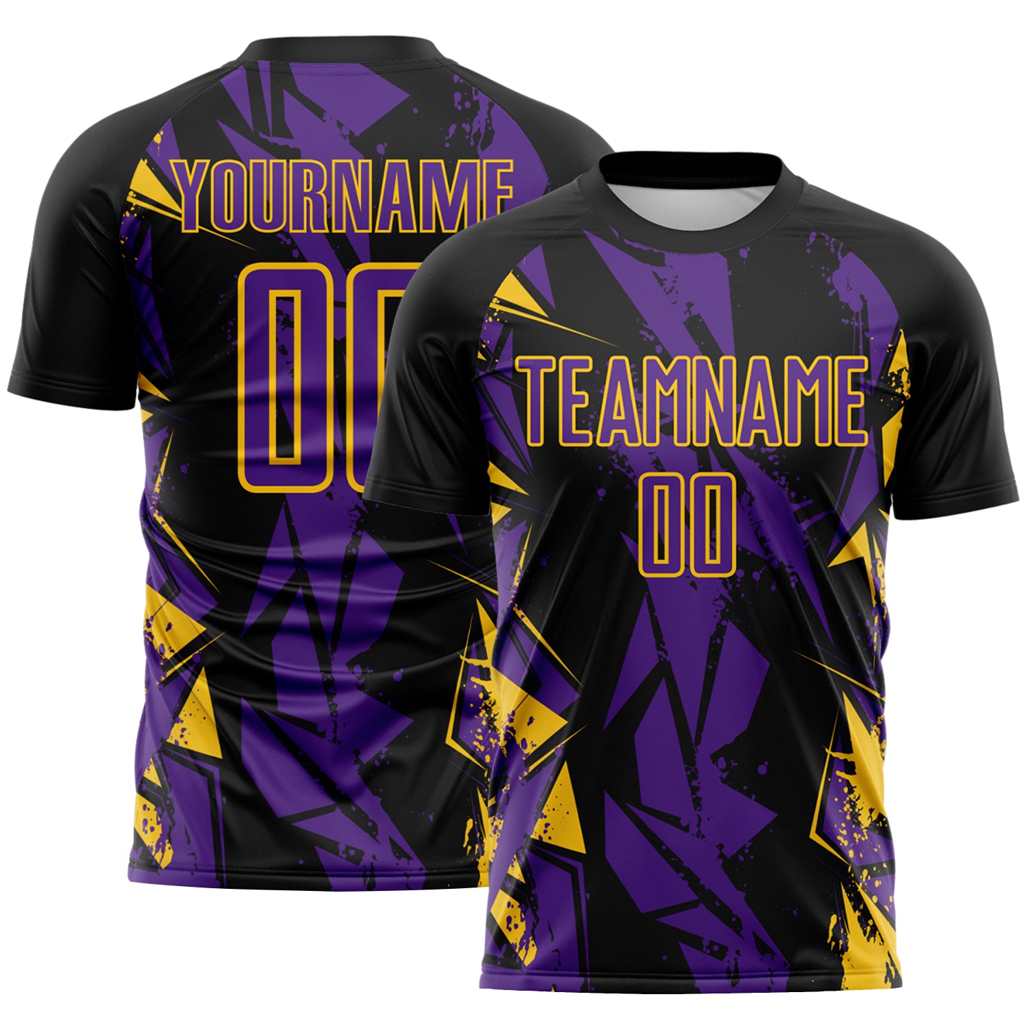 Custom Black Purple-Yellow Geometric Shard Grunge Splash Sublimation Soccer Uniform Jersey