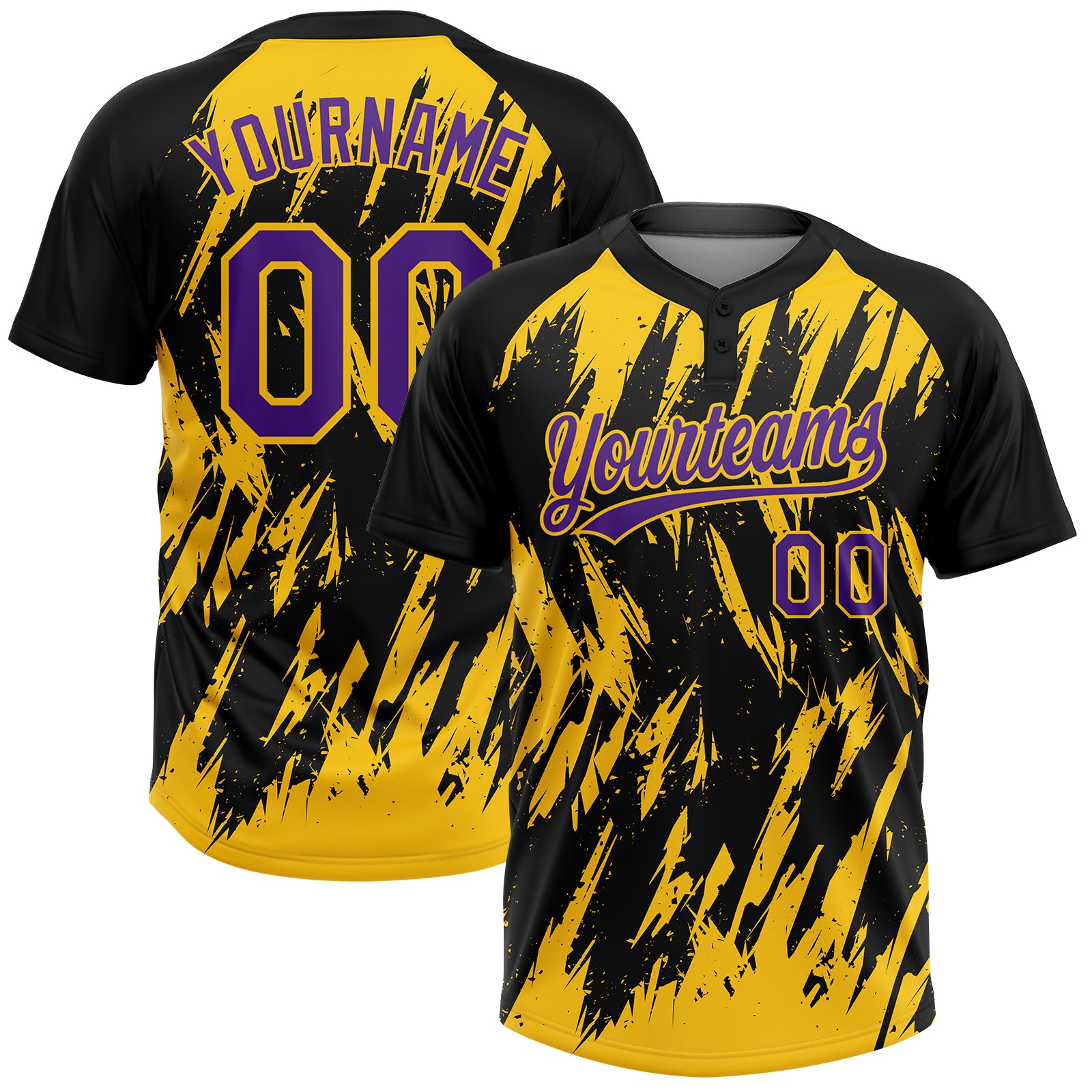Custom Black Purple-Yellow Splatter Torn Sharp Brush Stroke Two-Button Unisex Softball Jersey