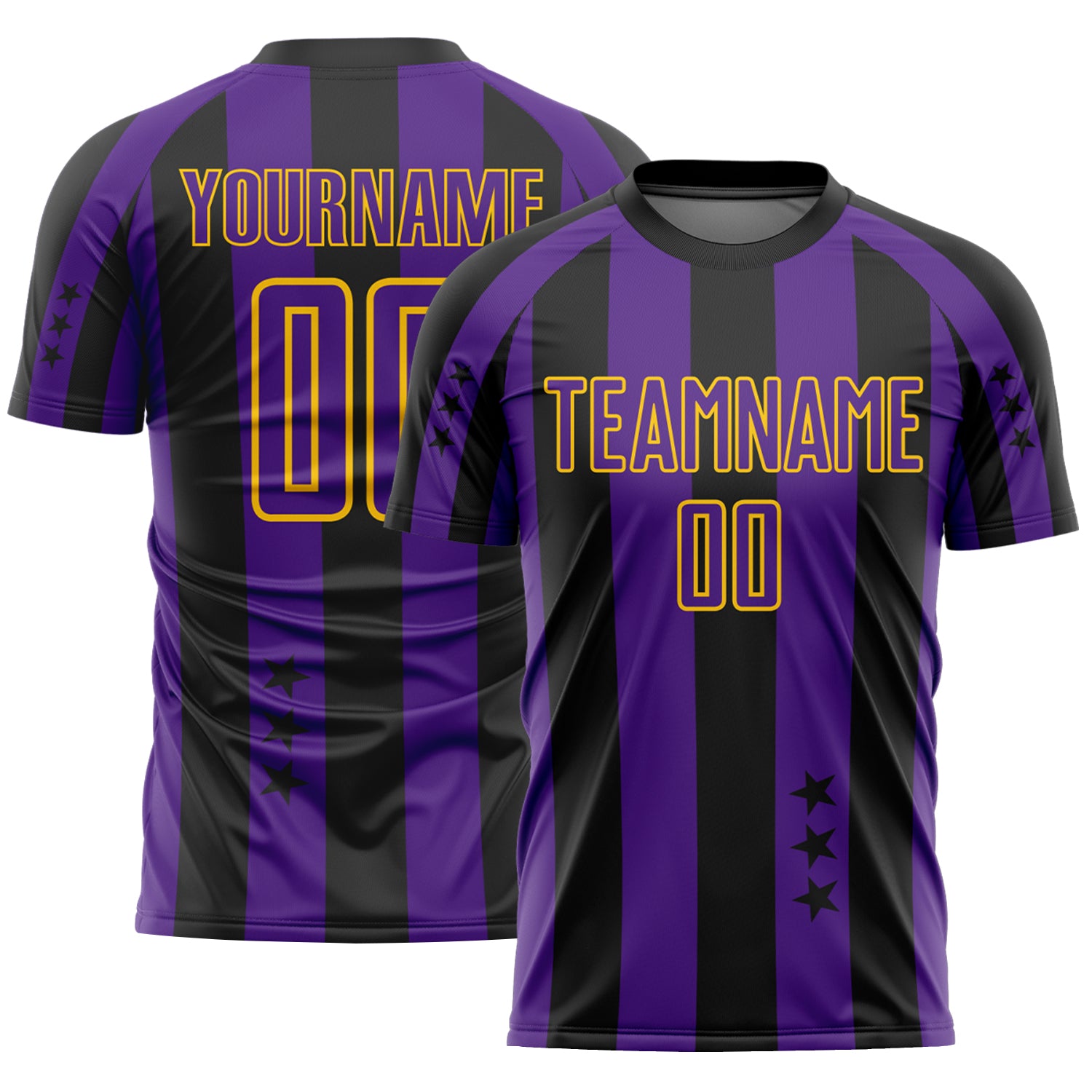 Custom Black Purple-Yellow Stars And Stripes Sports Sublimation Soccer Uniform Jersey