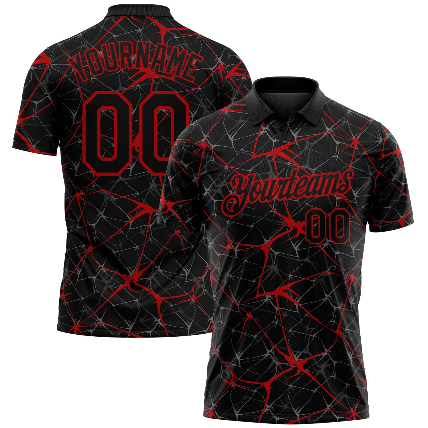 Custom Black-Red 3D Pattern Abstract Network Crackle Performance Polo Shirt
