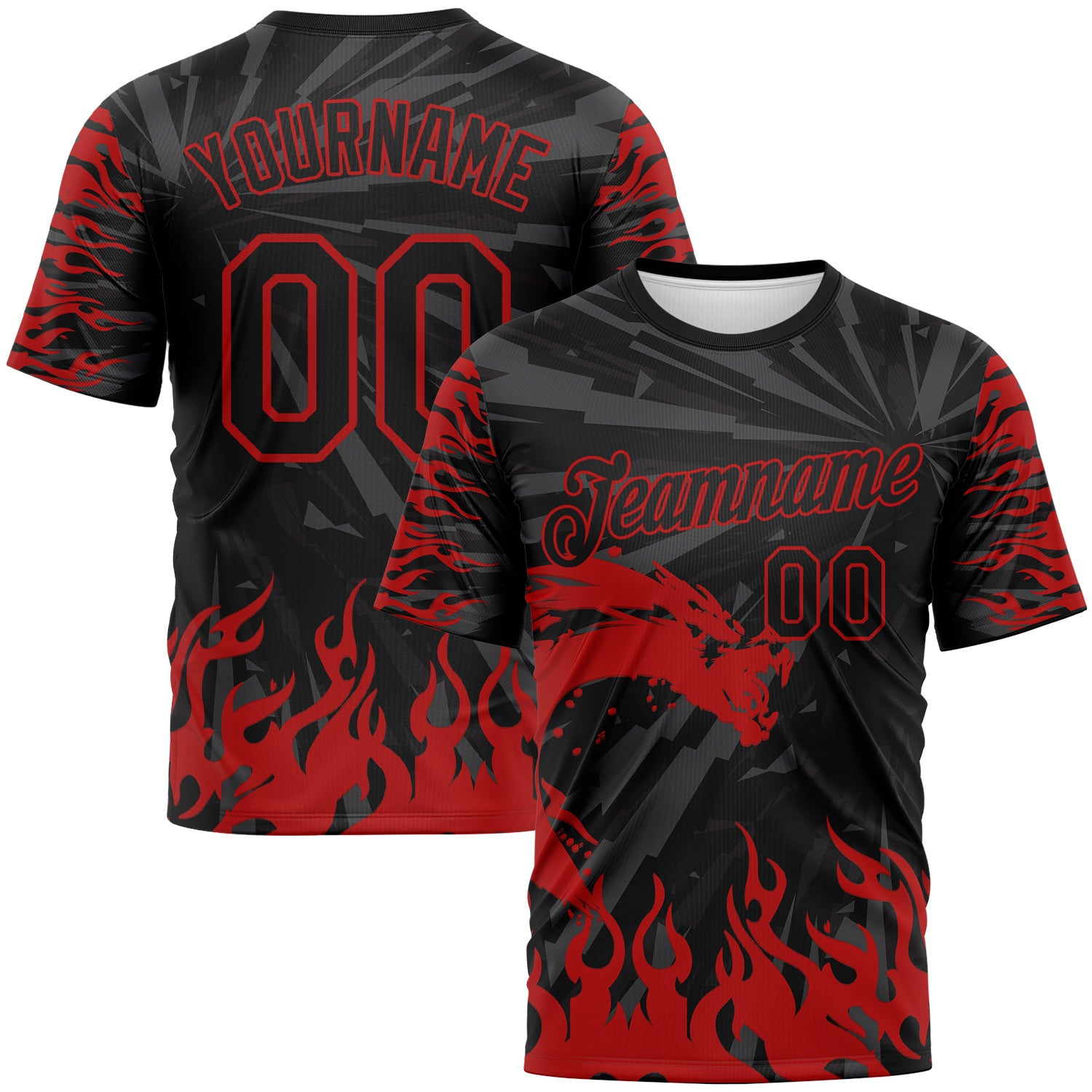 Custom Black-Red 3D Pattern Dragon Fire Flame Performance T-Shirt