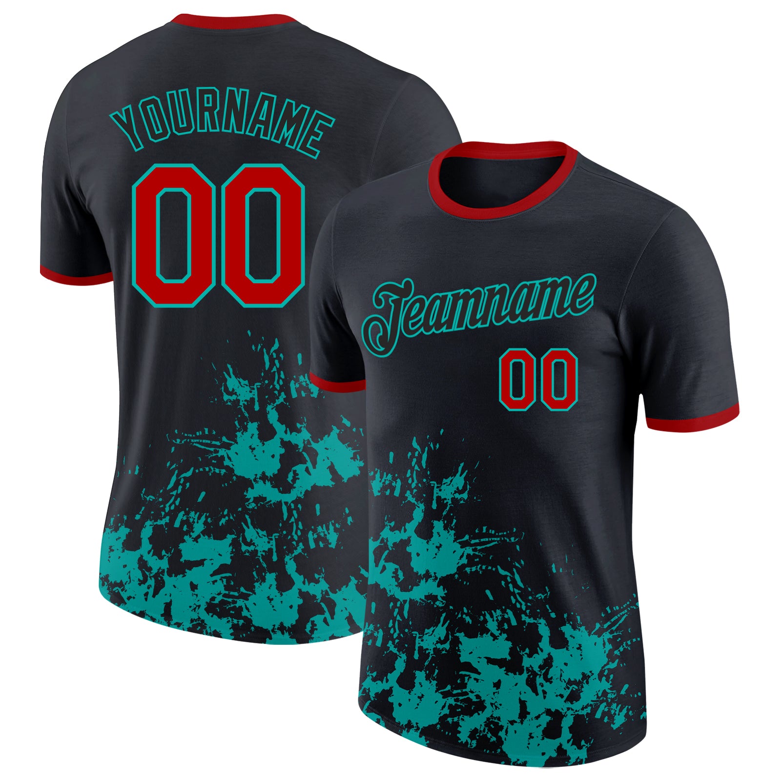 Custom Black Red-Aqua Brush Stroke Splatter Performance T-Shirt
