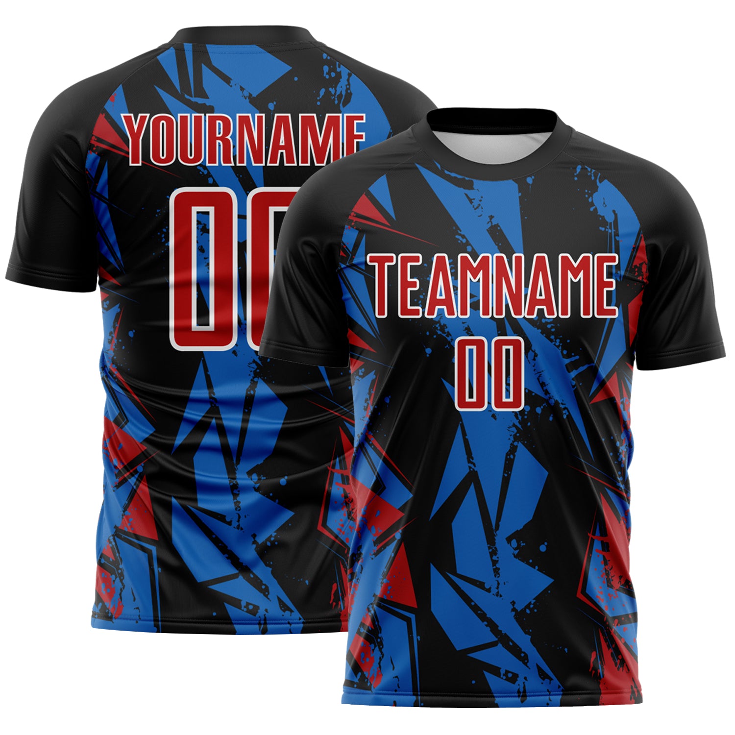 Custom Black Red Blue-White Geometric Shard Grunge Splash Sublimation Soccer Uniform Jersey
