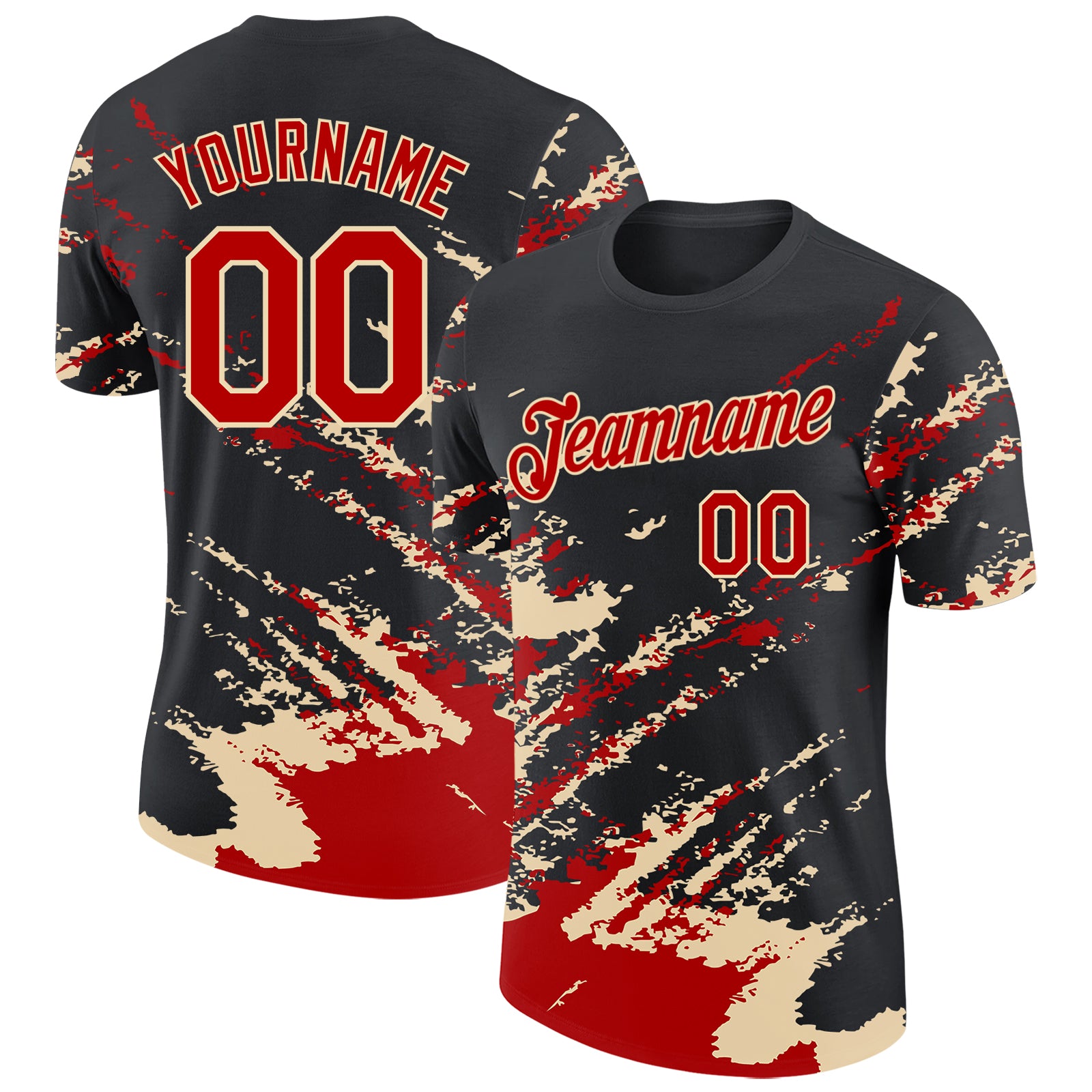 Custom Black Red-Cream Brush Stroke Shatter Splatter Performance T-Shirt
