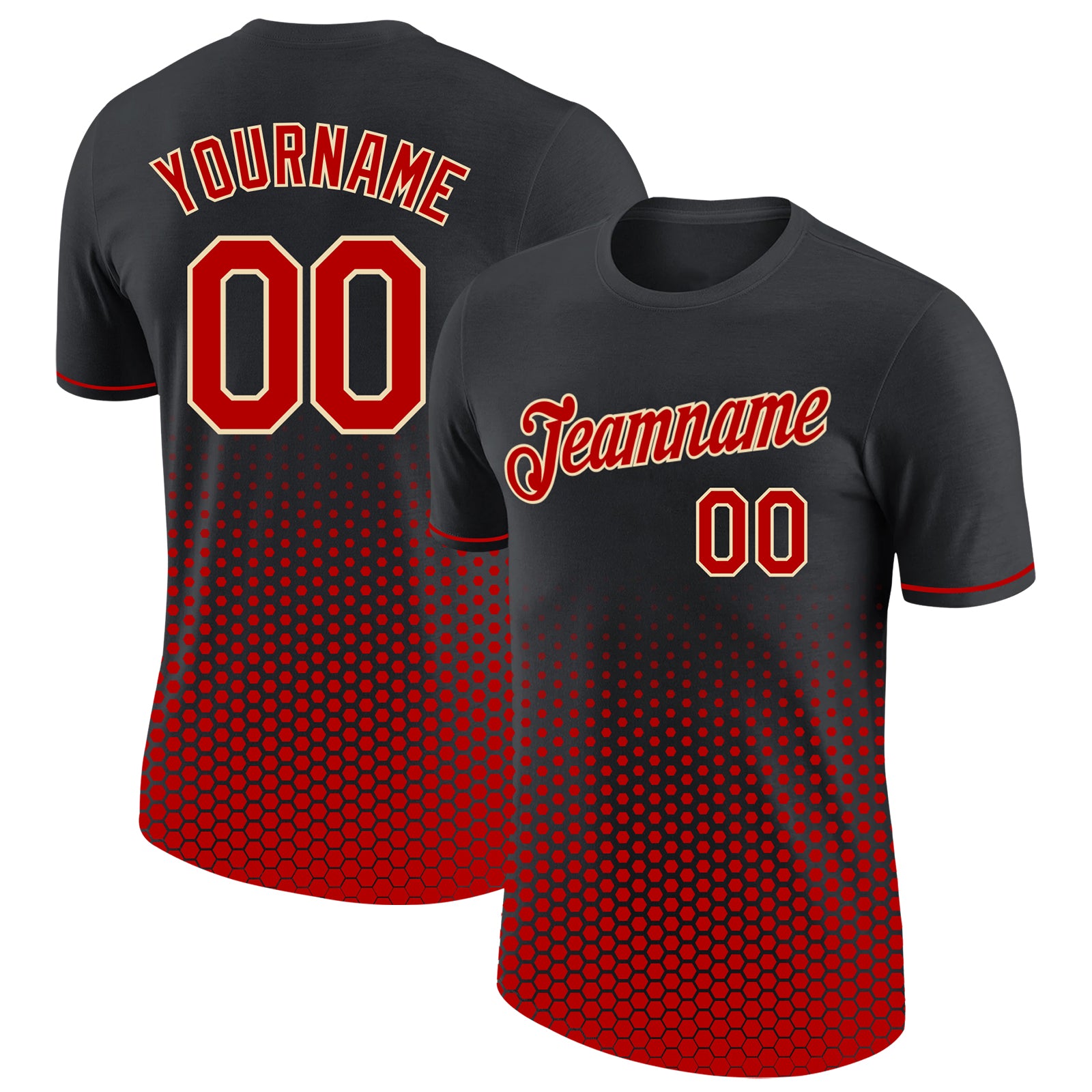 Custom Black Red-Cream Geometric Hexagonal Dot Gradient Performance T-Shirt