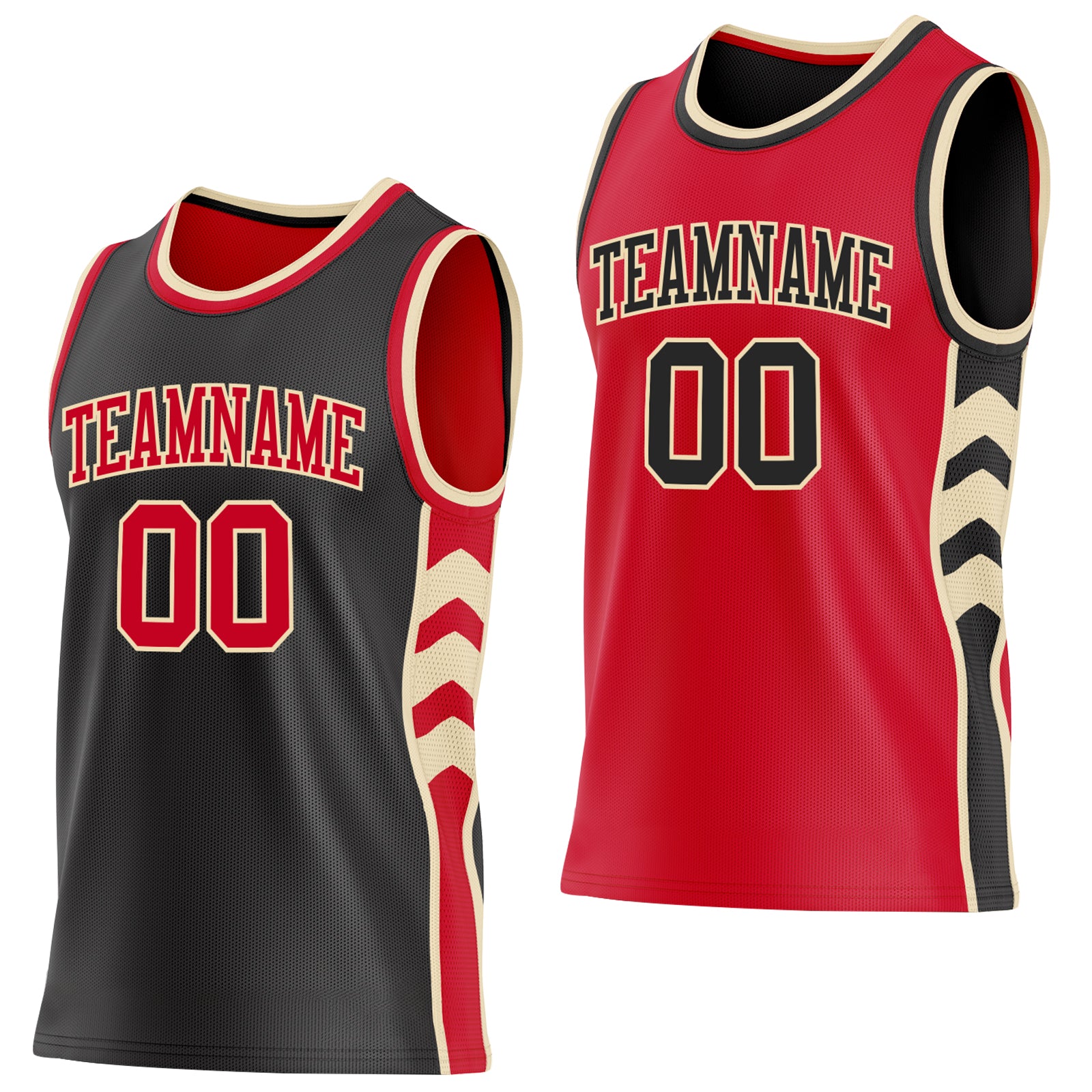 Custom Black Red-Cream Side Panel Geometric Chevron Reversible Double Side Sublimation Basketball Set Jersey