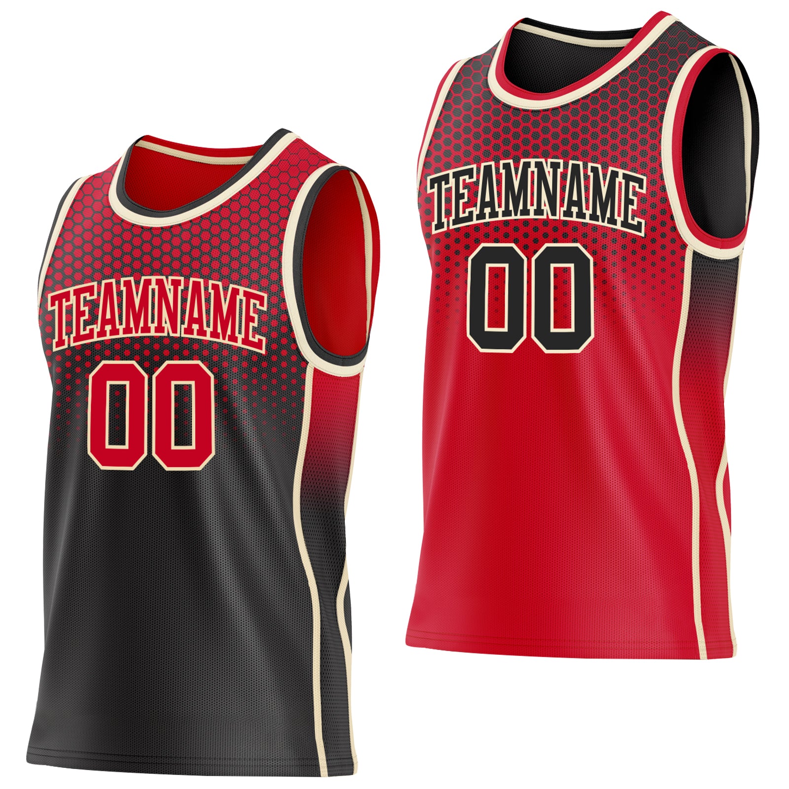 Custom Black Red-Cream Side Panel Stripe Gradient Geometric Honeycomb Reversible Double Side Sublimation Basketball Set Jersey