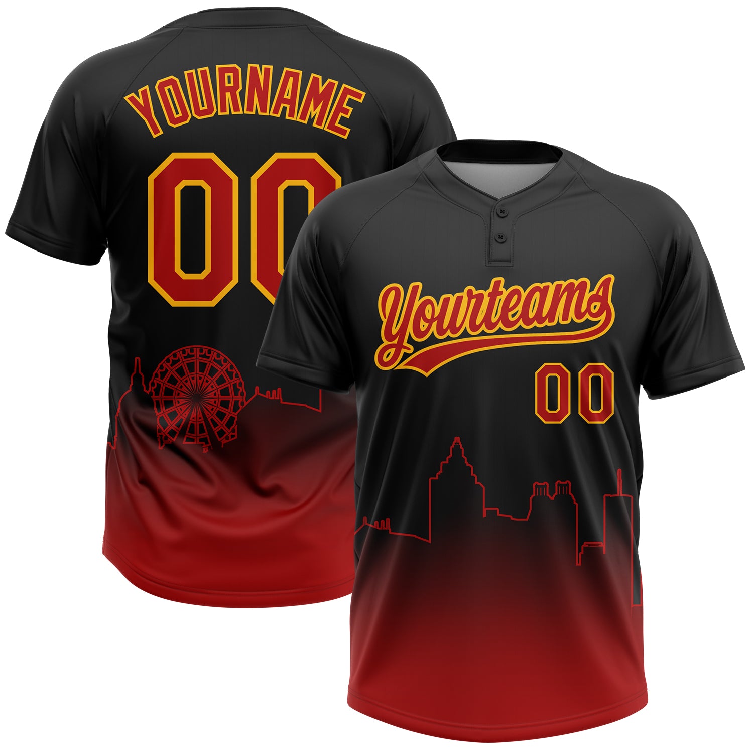Custom Black Red-Gold Atlanta City Edition Gradient Two-Button Unisex Softball Jersey