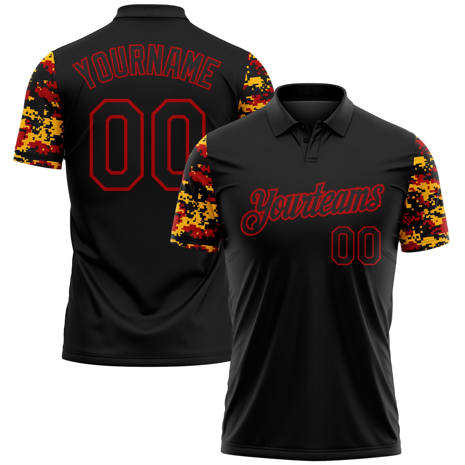 Custom Black Red-Gold Digital Camo Two Tone Performance Polo Shirt