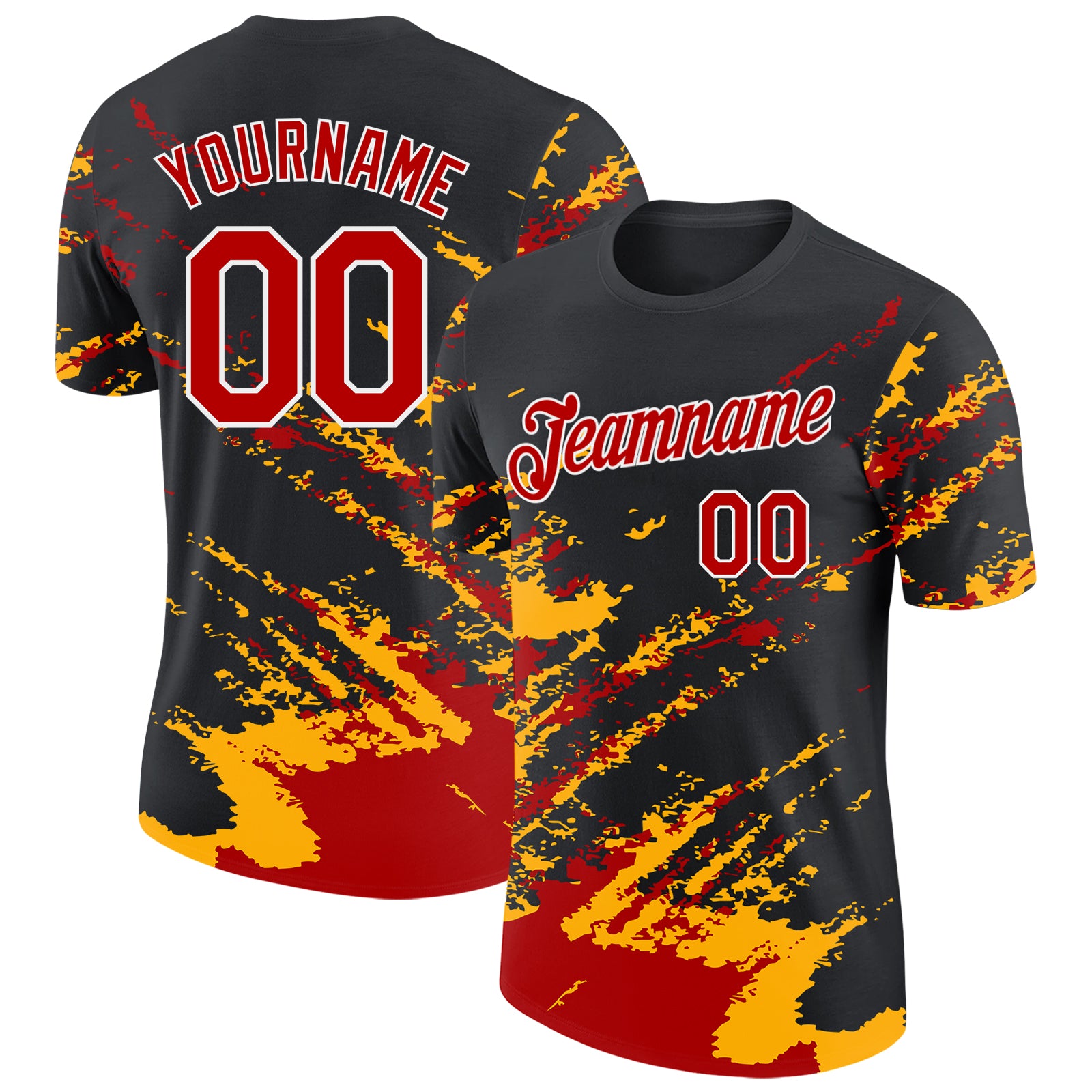 Custom Black Red Gold-White Brush Stroke Shatter Splatter Performance T-Shirt