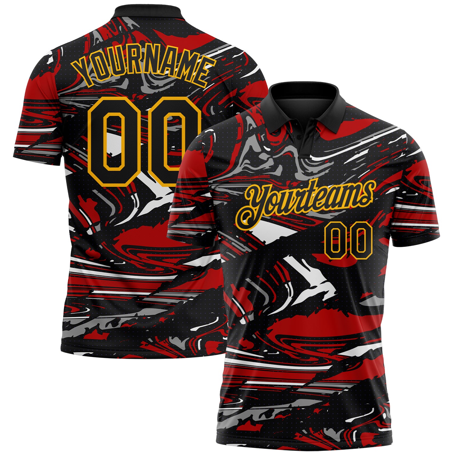 Custom Black Red Gray-Gold 3D Pattern Abstract Fluid Marble Performance Polo Shirt