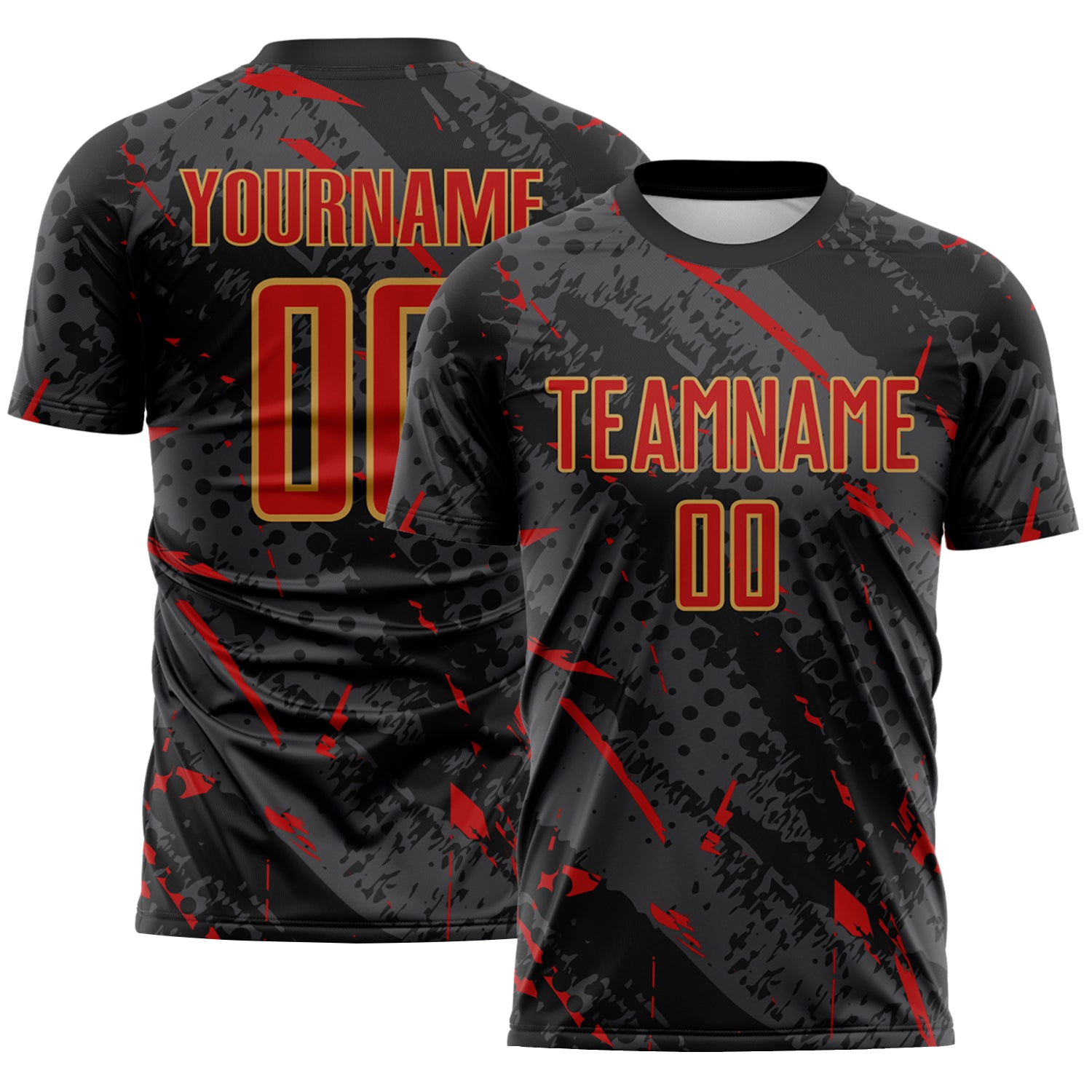 Custom Black Red Gray-Old Gold Brush Stroke Slashes And Dot Grid Sublimation Soccer Uniform Jersey