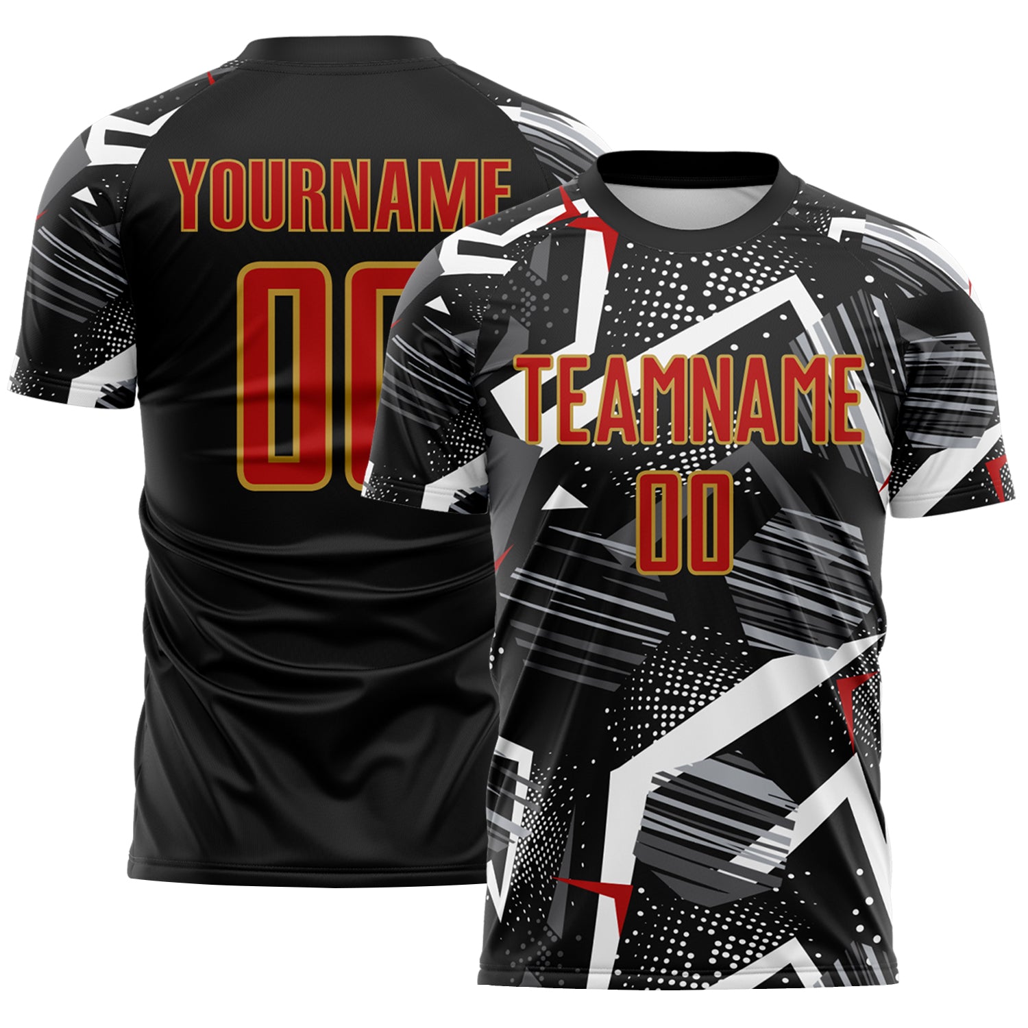 Custom Black Red Gray-Old Gold Geometric Asymmetry Shatter Sublimation Soccer Uniform Jersey