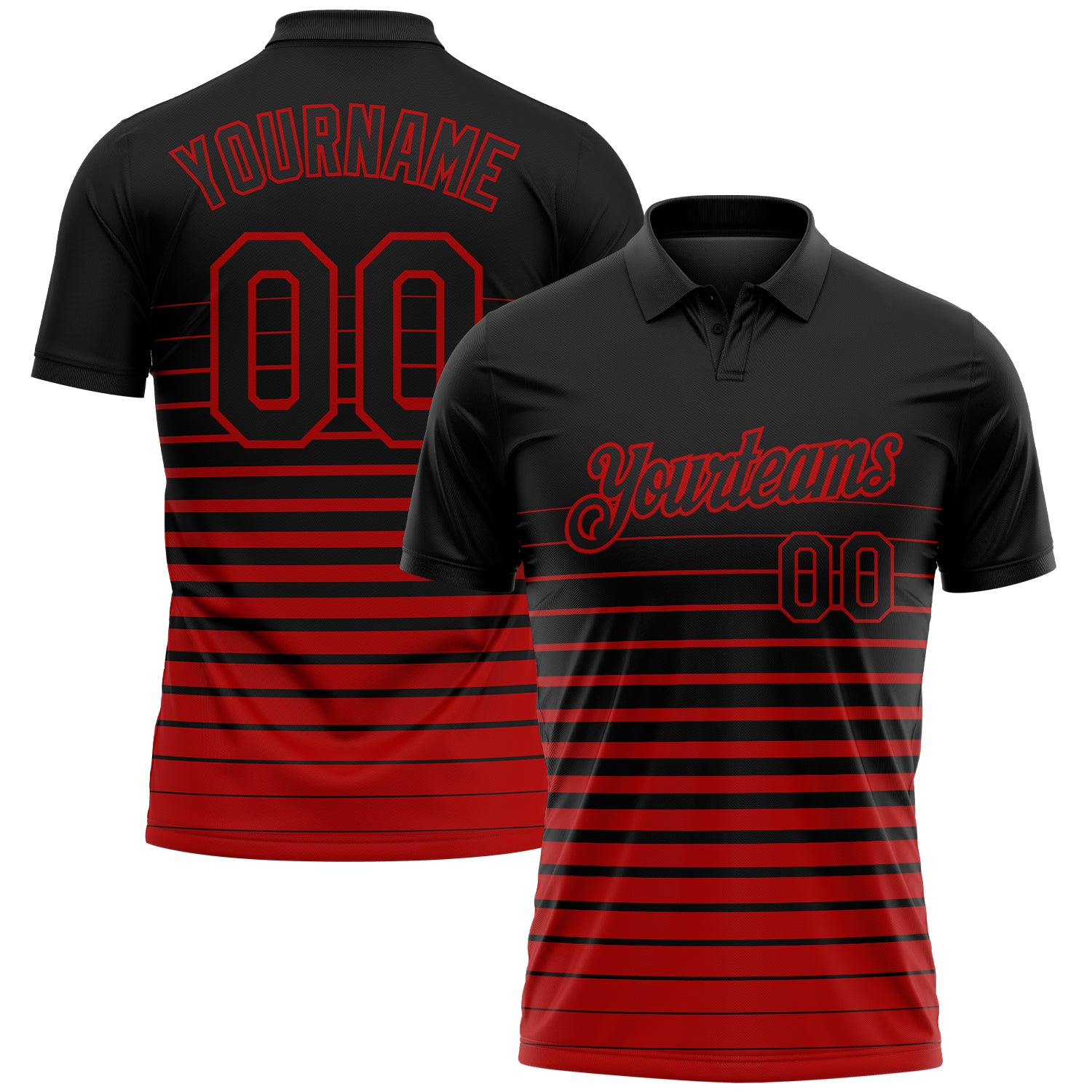 Custom Black-Red Horizontal Gradient Stripe Performance Polo Shirt