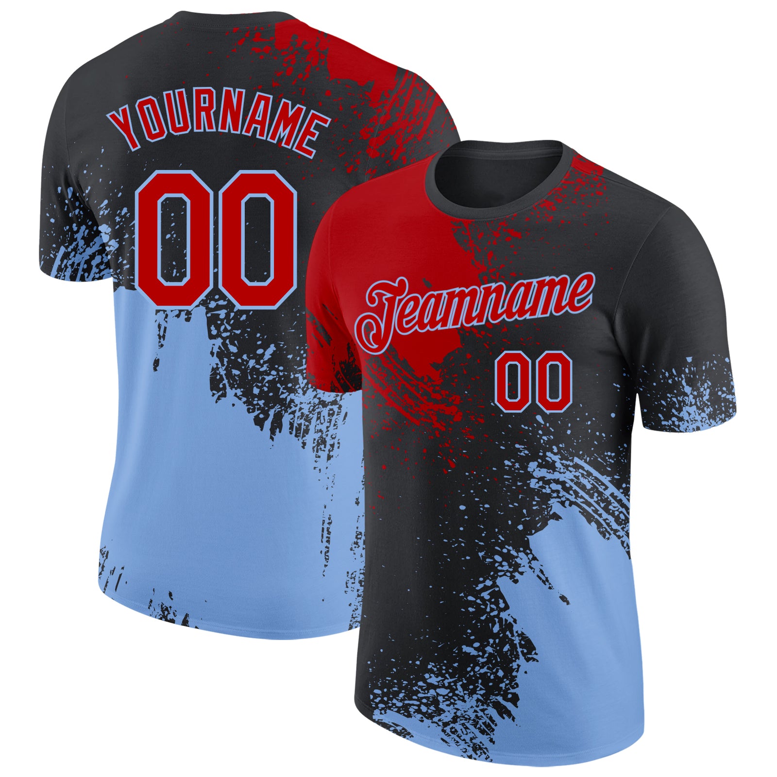 Custom Black Red-Light Blue Abstract Brush Stroke Performance T-Shirt